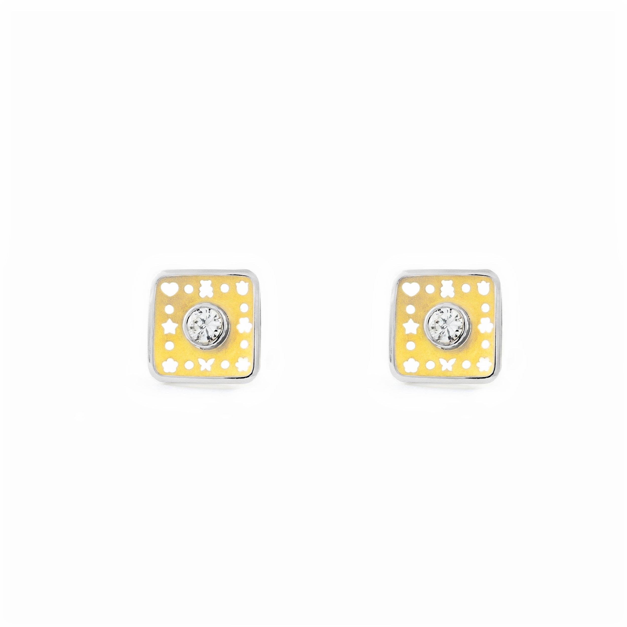 Women-Girl 18K Two-Tone Gold Square Matte and Shiny Zirconia Earrings