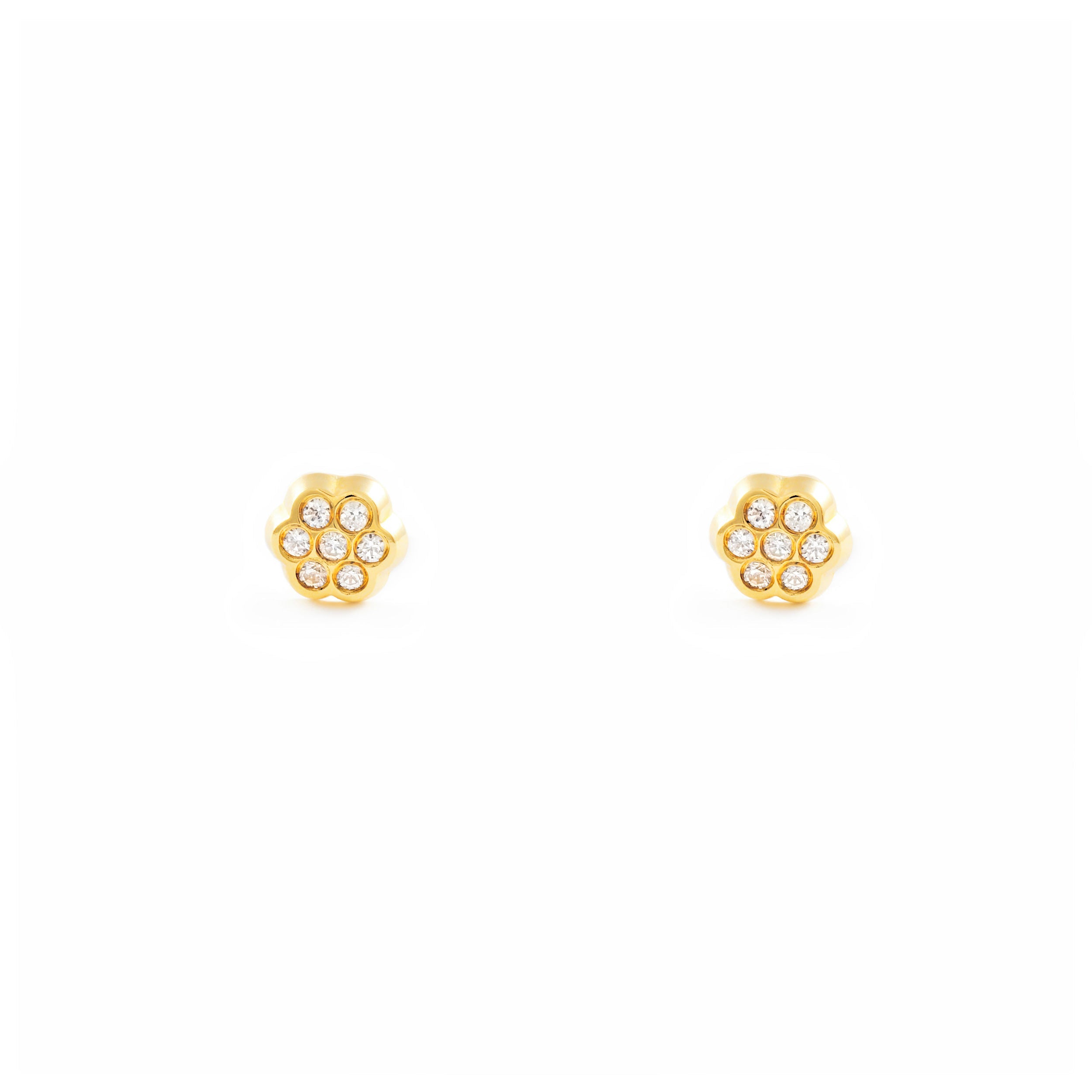 Baby Earrings 18K Yellow Gold Daisy Flower Shiny Zirconia