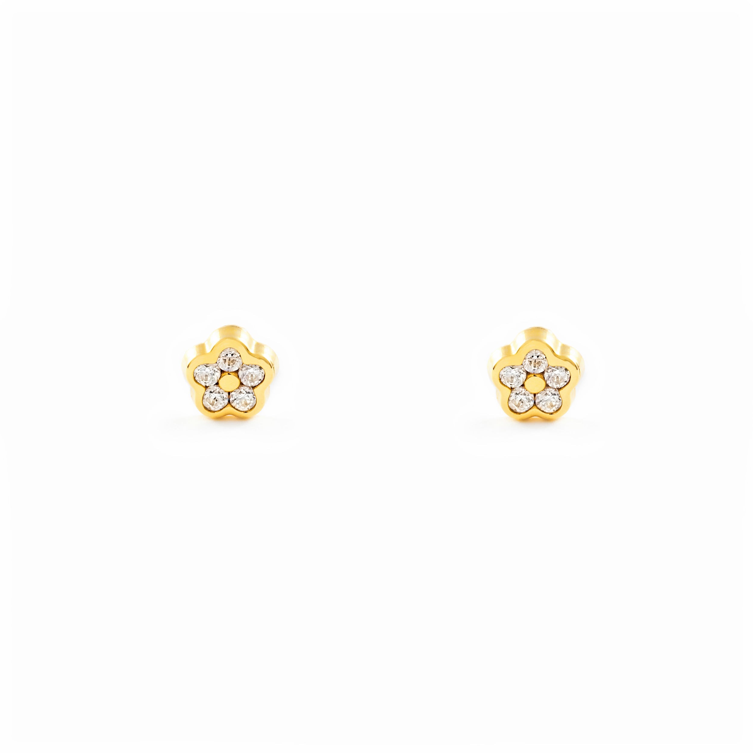 Baby Earrings 18K Yellow Gold Daisy Flower Shiny Zirconia