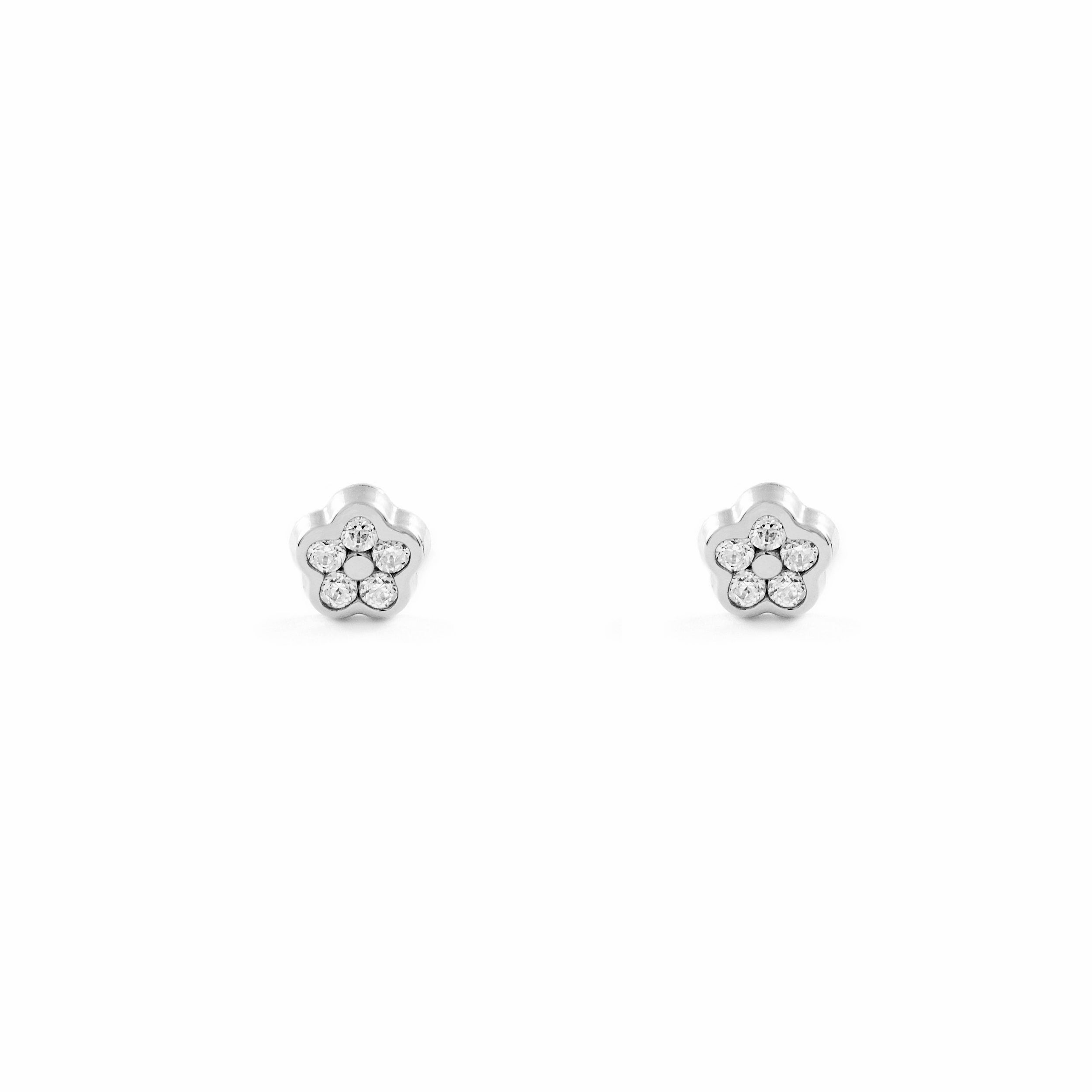 Pendientes Bebe Oro Blanco 18K Flor Margarita Circonitas Brillo