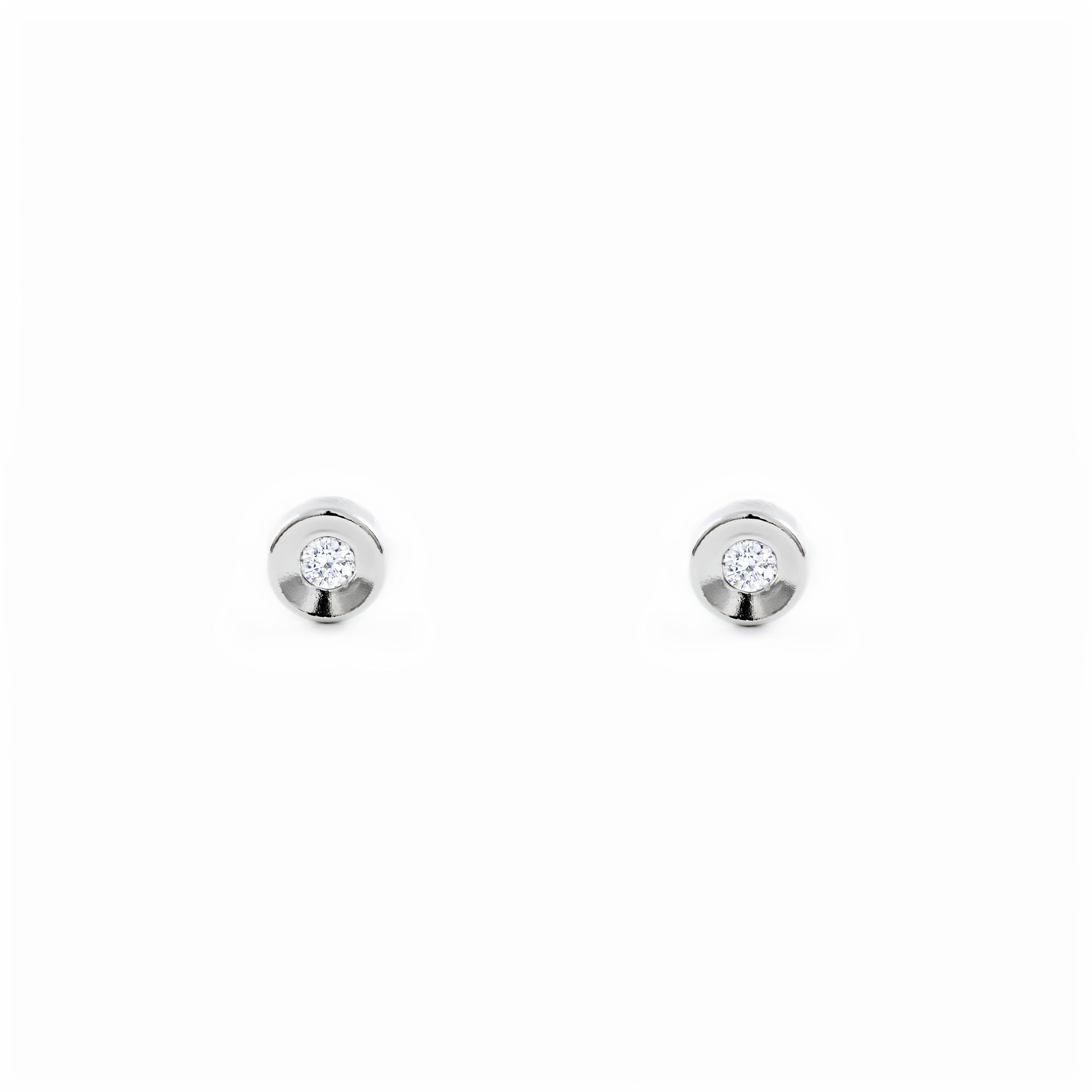 Pendientes Bebe Oro Blanco 18K Redondo Circonita Brillo