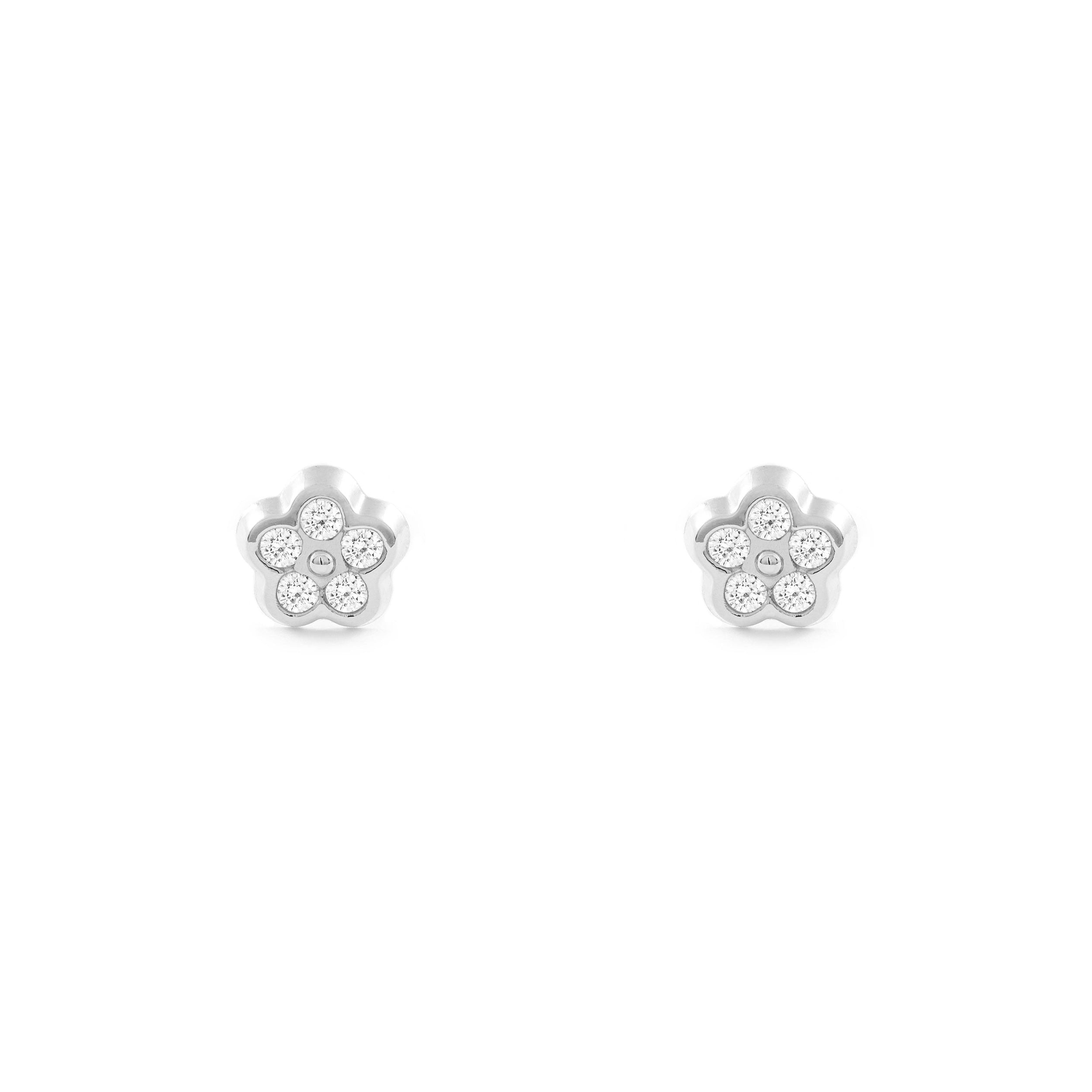 Girl's Earrings 18K White Gold Daisy Flower Shiny Zirconia