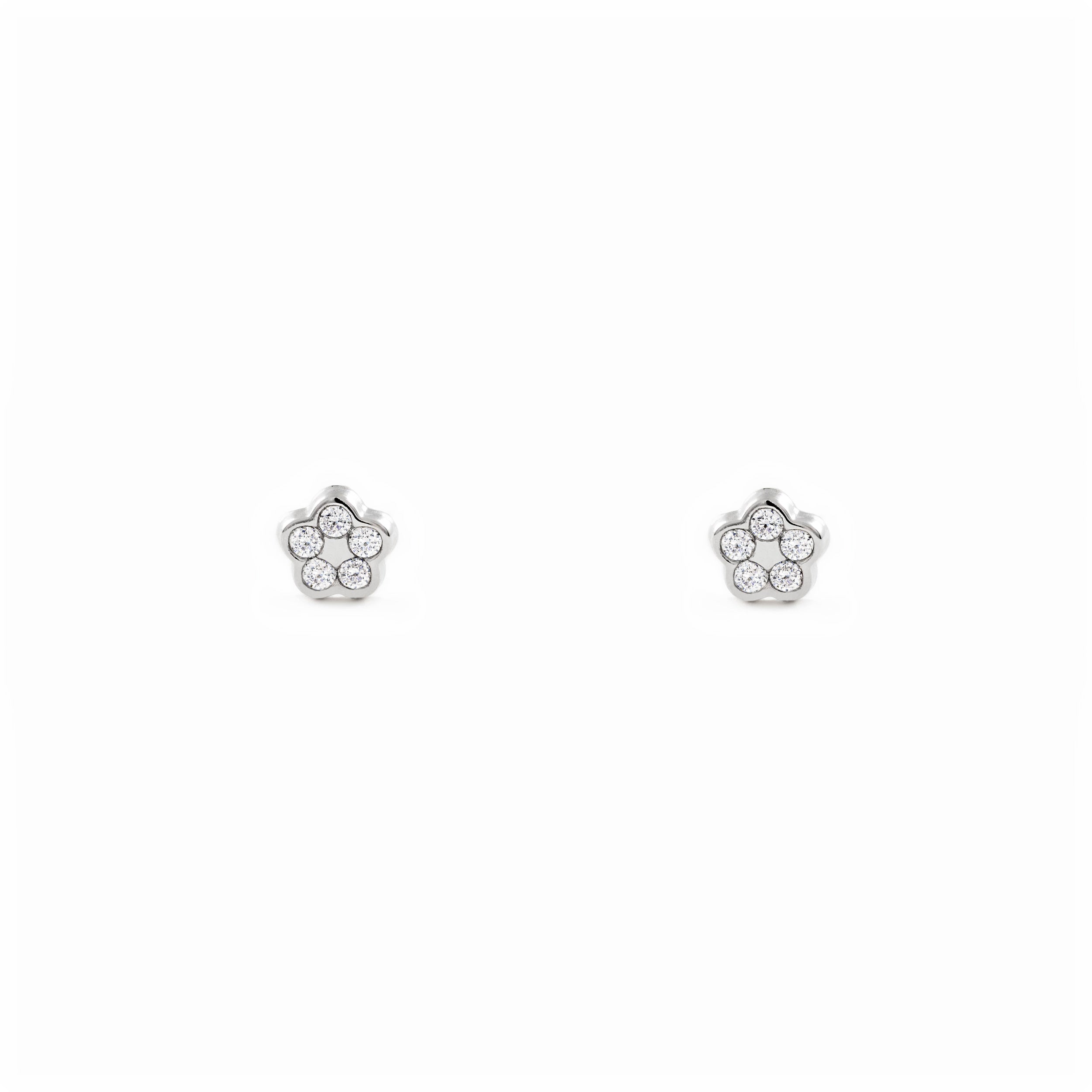 Pendientes Bebe Oro Blanco 18K Flor Margarita Circonitas Brillo