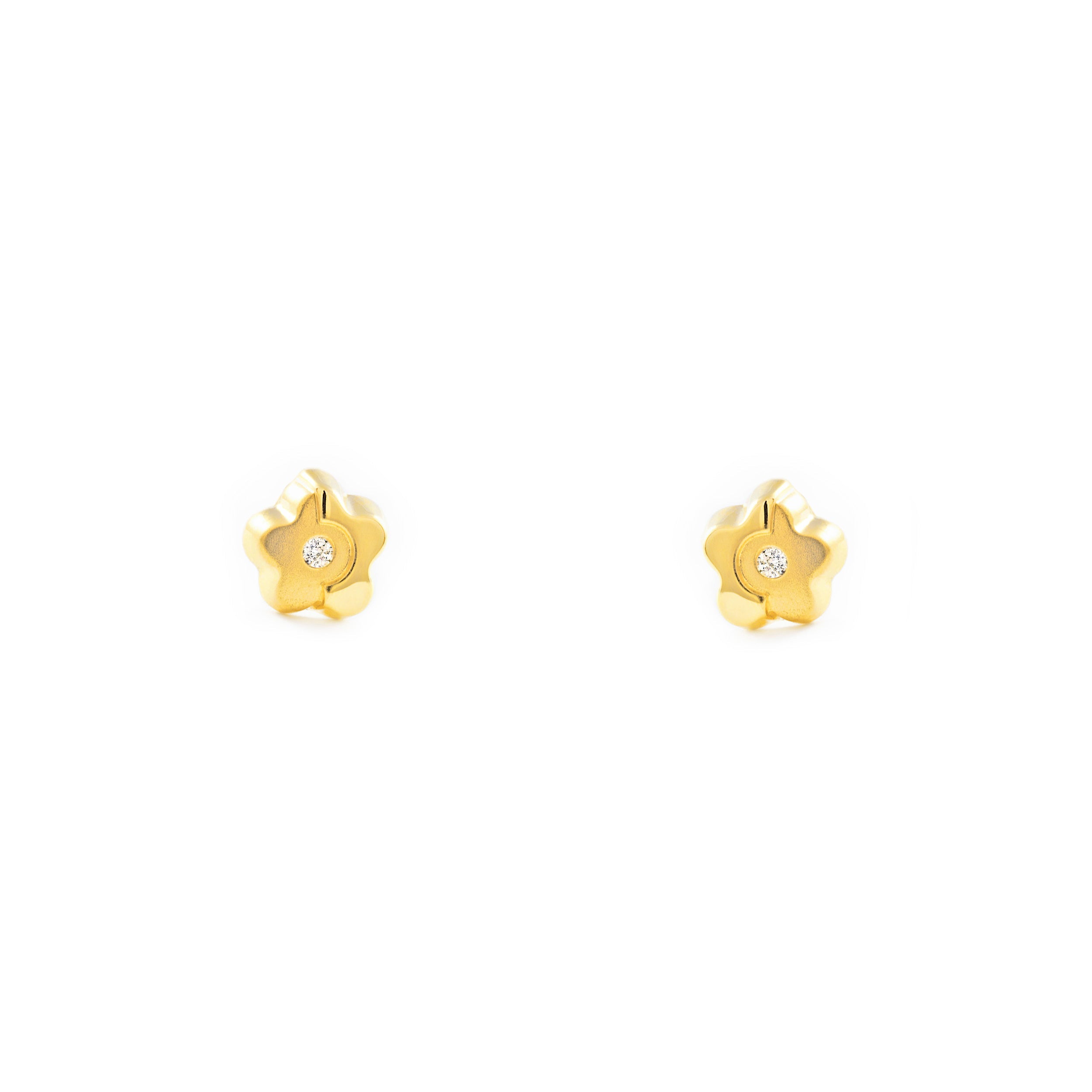 Baby Earrings 18K Yellow Gold Daisy Flower Matte and Shiny Zirconia