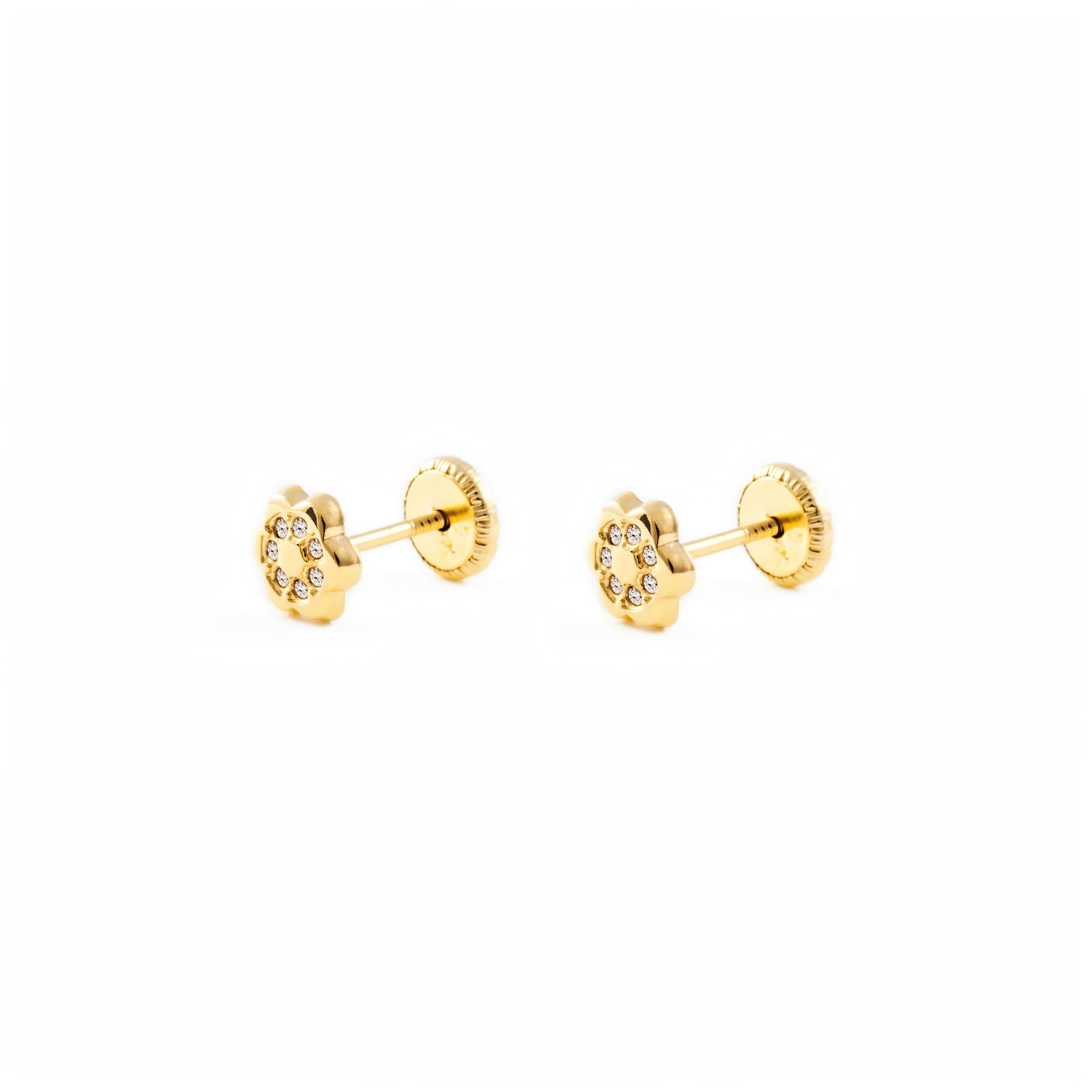 Pendientes Bebe o Niña Oro Amarillo Flor 6 Petalos con Circonitas