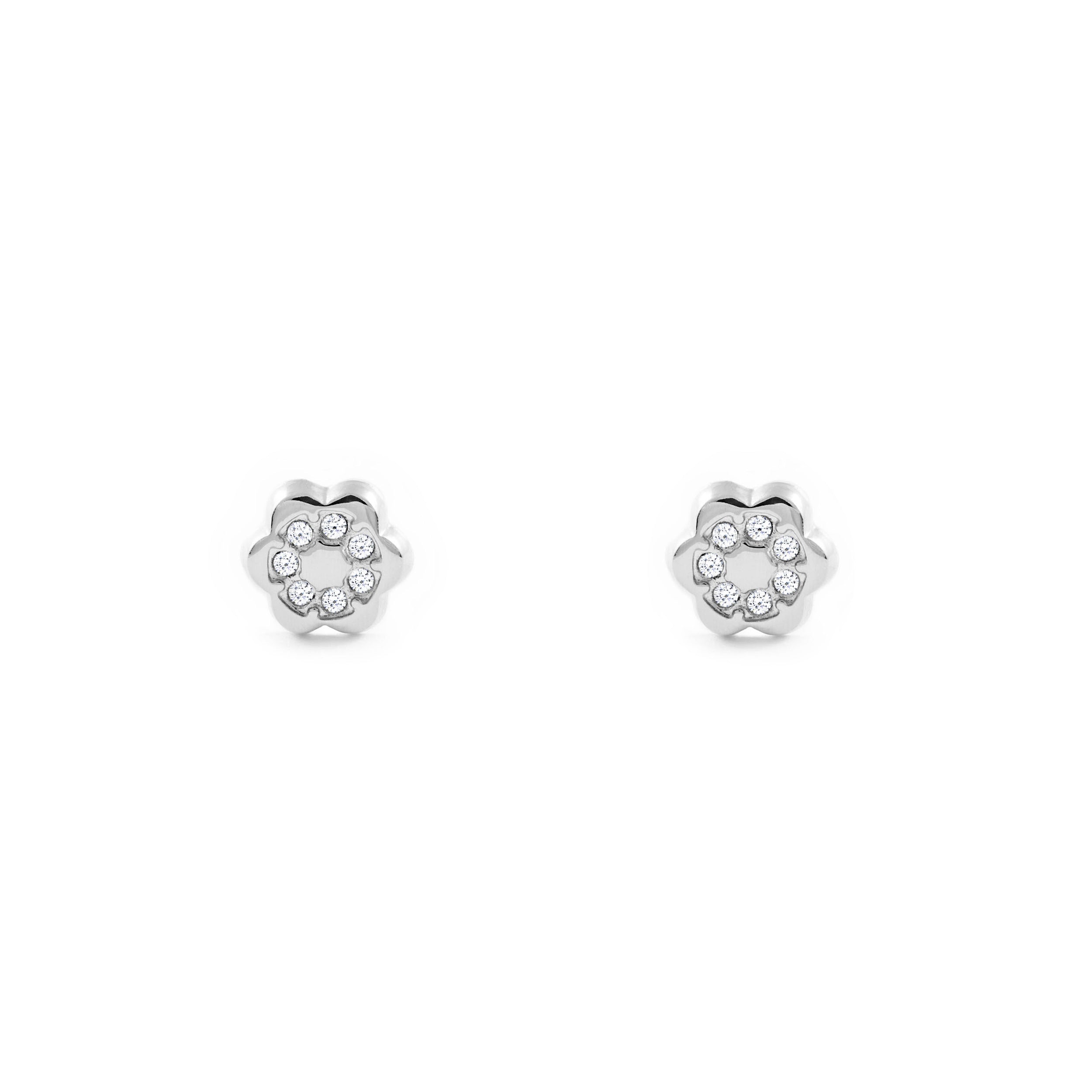 Baby-Girl Earrings 9K White Gold Flower Shiny Zircons