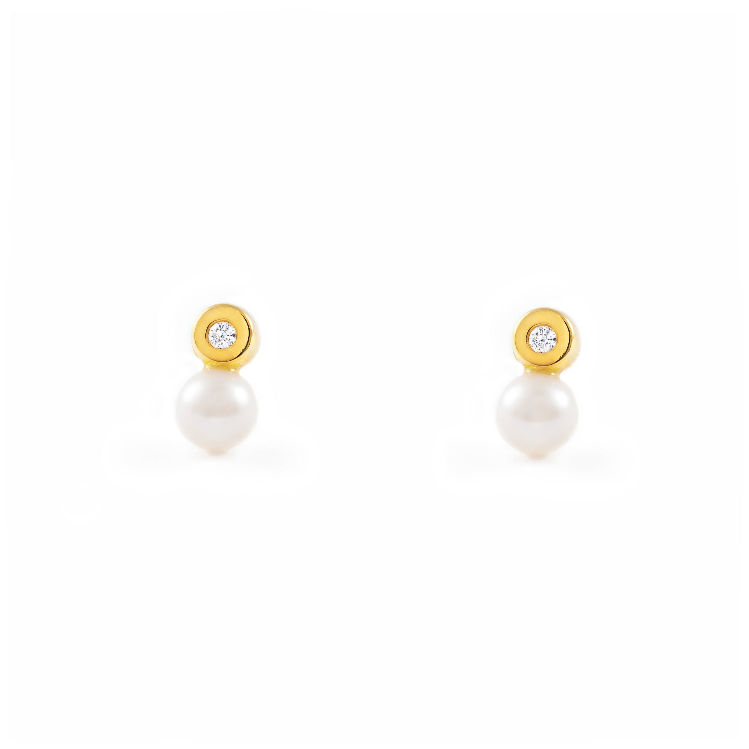 Baby Earrings 18K Yellow Gold You and Me Round Pearl 4.5 mm Shiny Zirconia