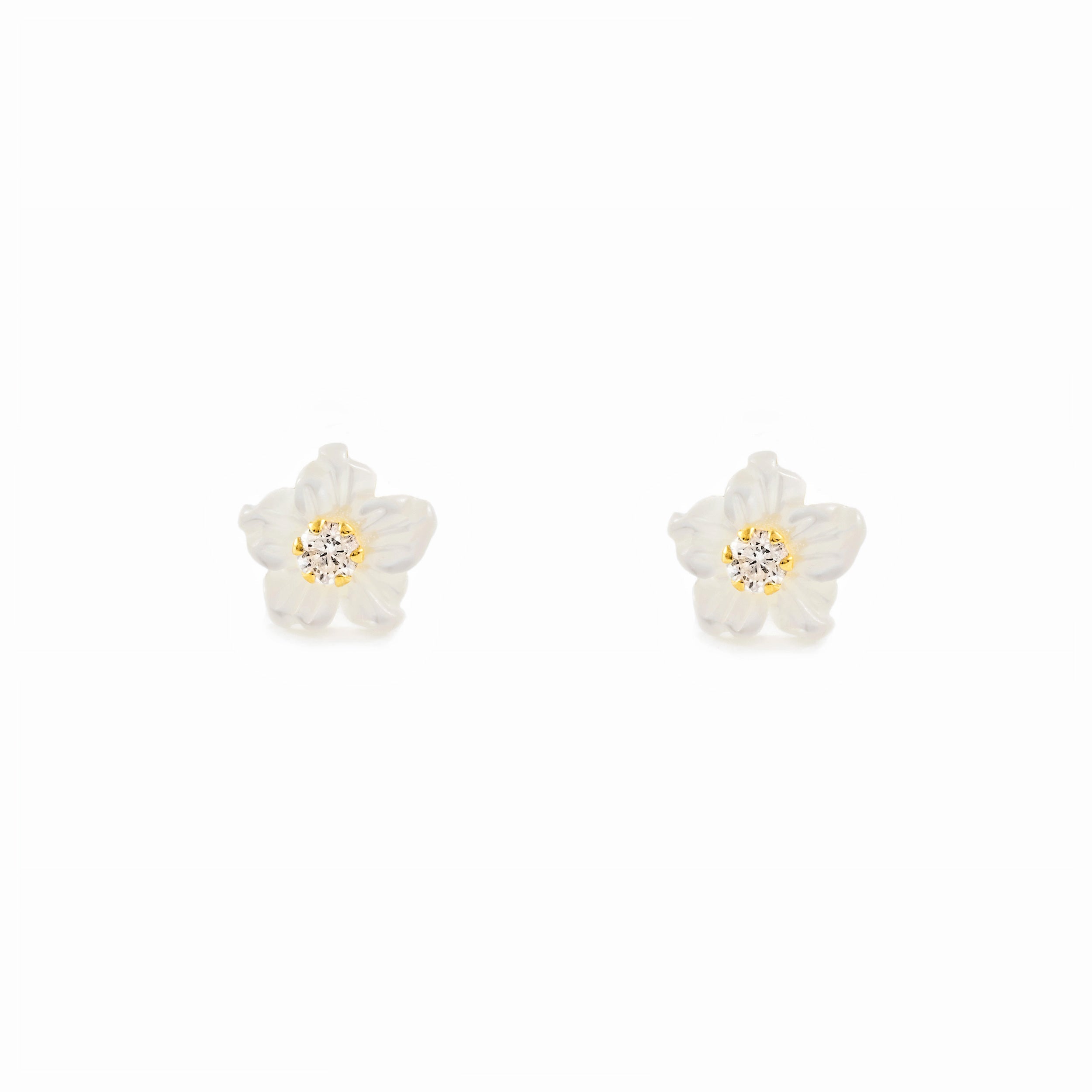 Girl's Earrings 9K Yellow Gold Mother of Pearl Flower Zirconia 2 mm Shine