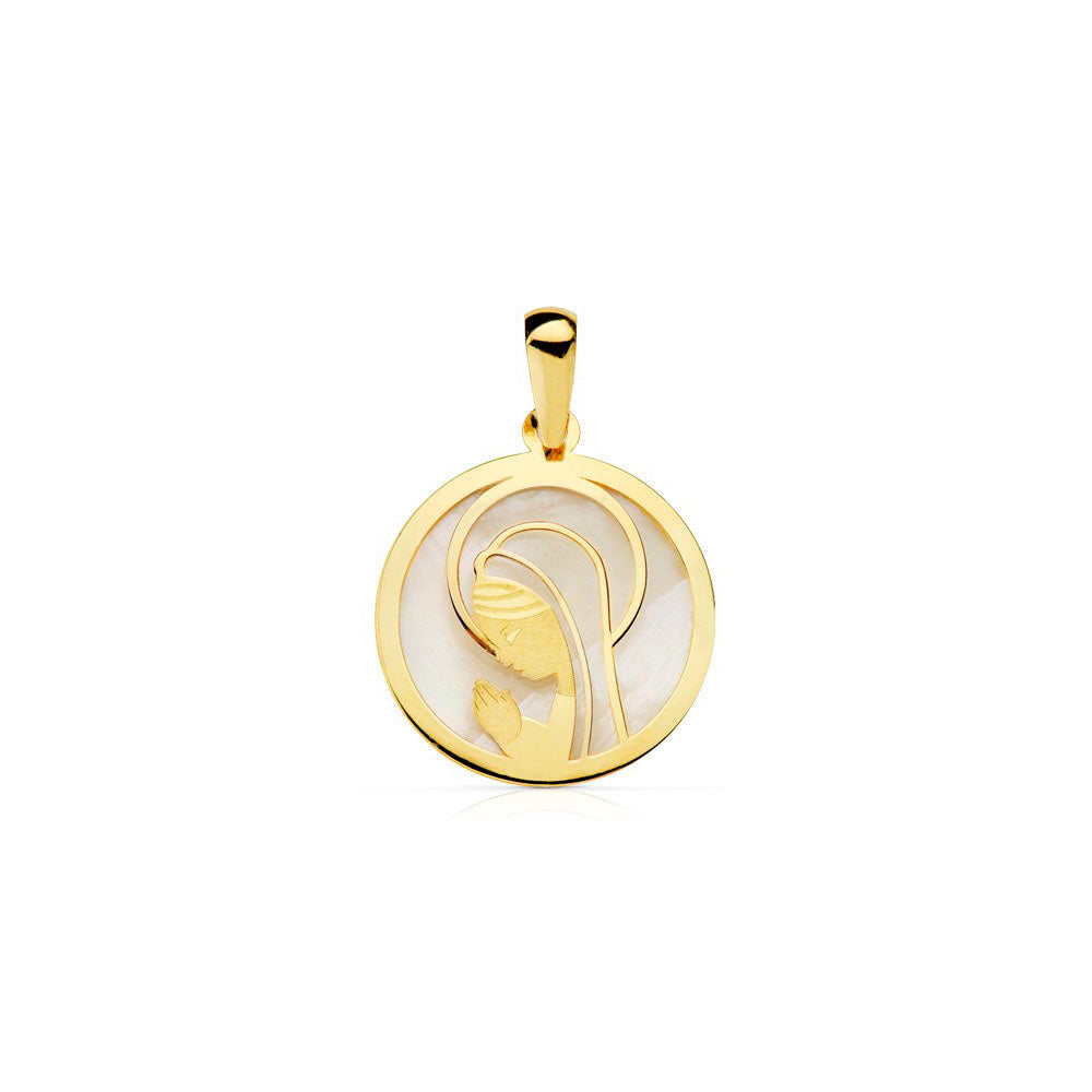 18K Yellow Gold Pendant Mother of Pearl Round Virgin Girl Matte and Shine
