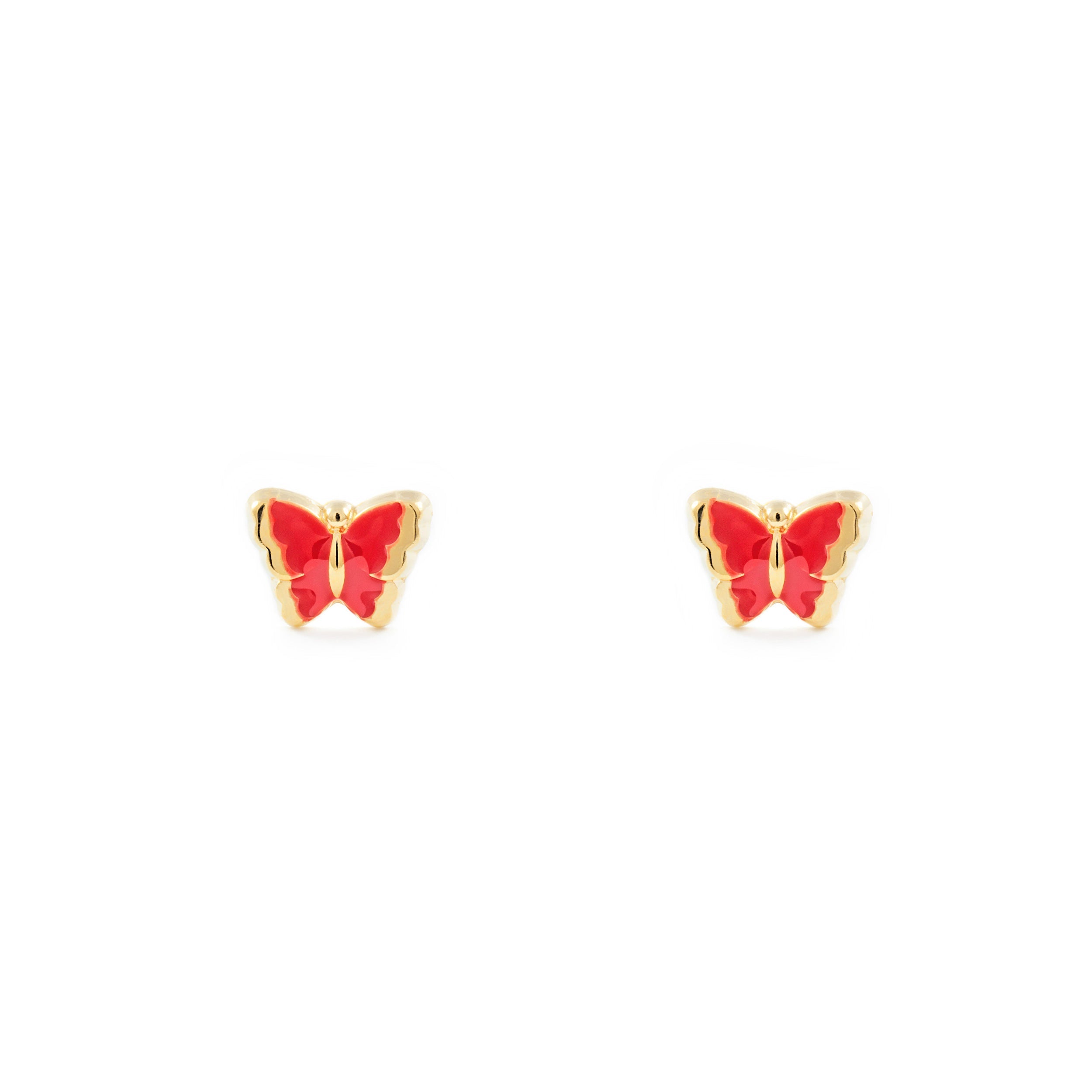 Baby-Girl Earrings 9K Yellow Gold Shiny Red Enamel Butterfly