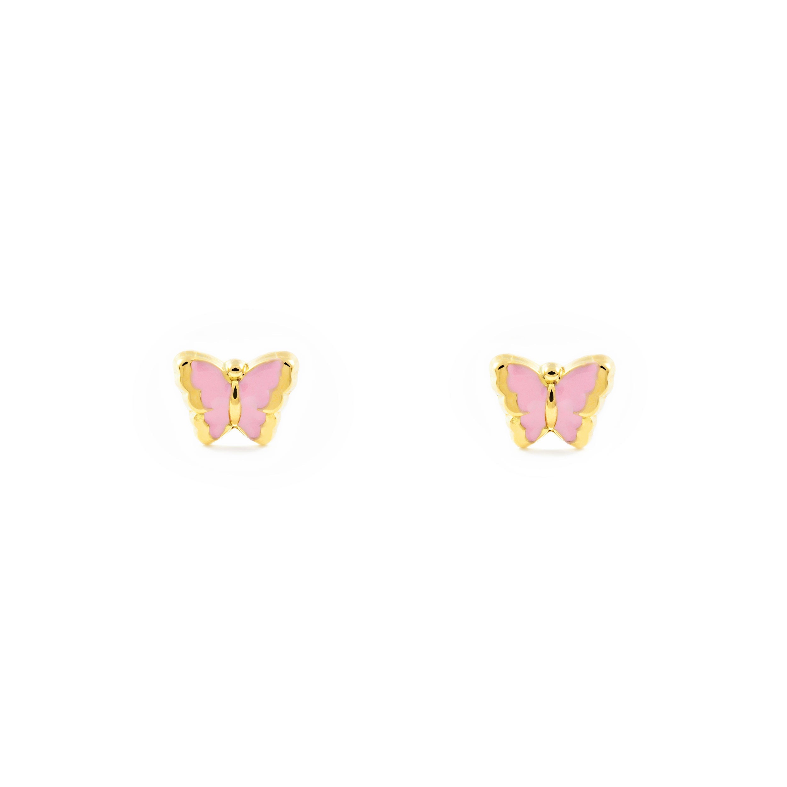 Baby-Girl Earrings 18K Yellow Gold Butterfly Light Pink Glossy Enamel