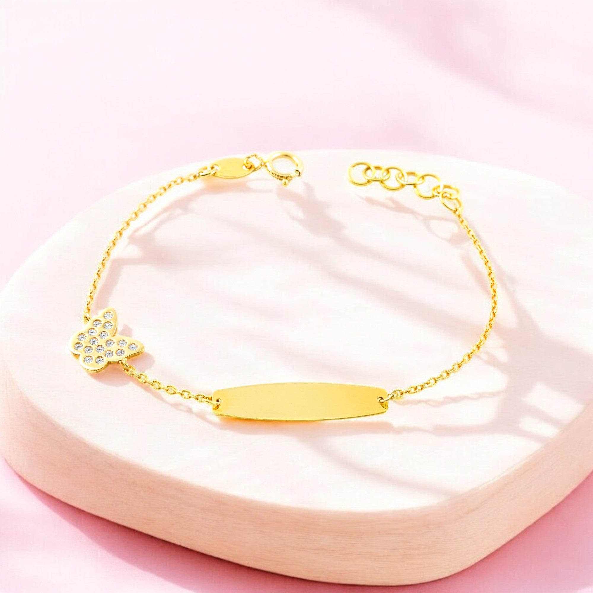 Pulsera Niña Oro Amarillo 9K Personalizada Esclava Mariposa Circonita Brillo 14 cm