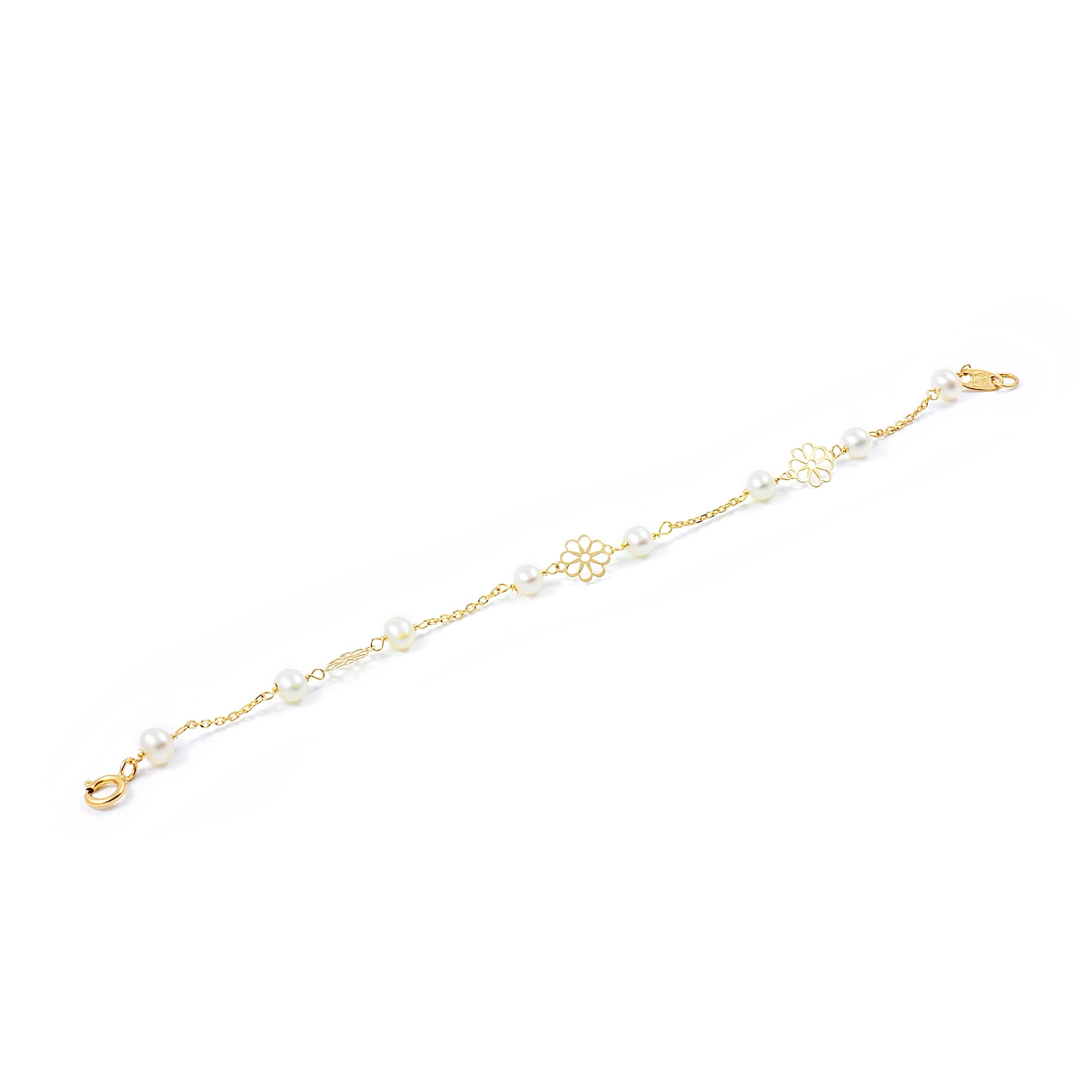 Girl's Bracelet 18K Yellow Gold Round Pearl 3.5 mm Shiny Flowers 13 cm