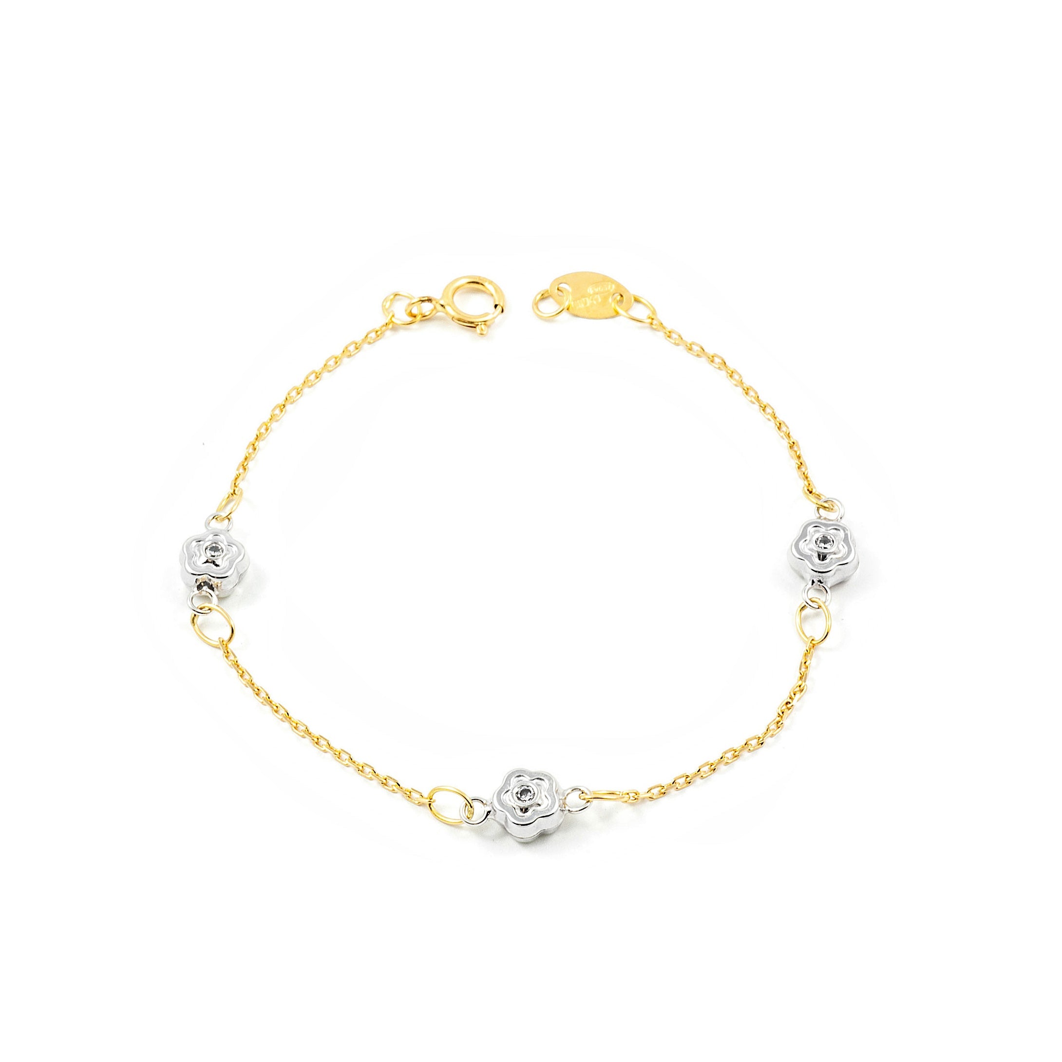 Girl's Bracelet 18K Two-Tone Gold Shiny Zirconia Flowers 15 cm