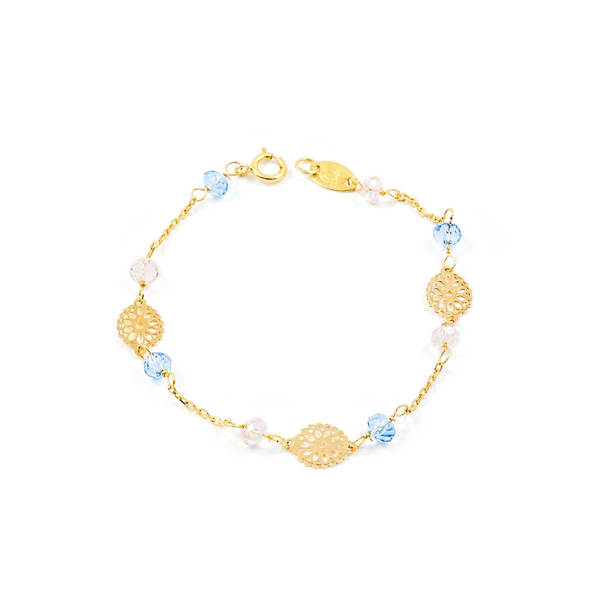 Girl's Bracelet 18K Yellow Gold Bright Blue Flowers 13 cm