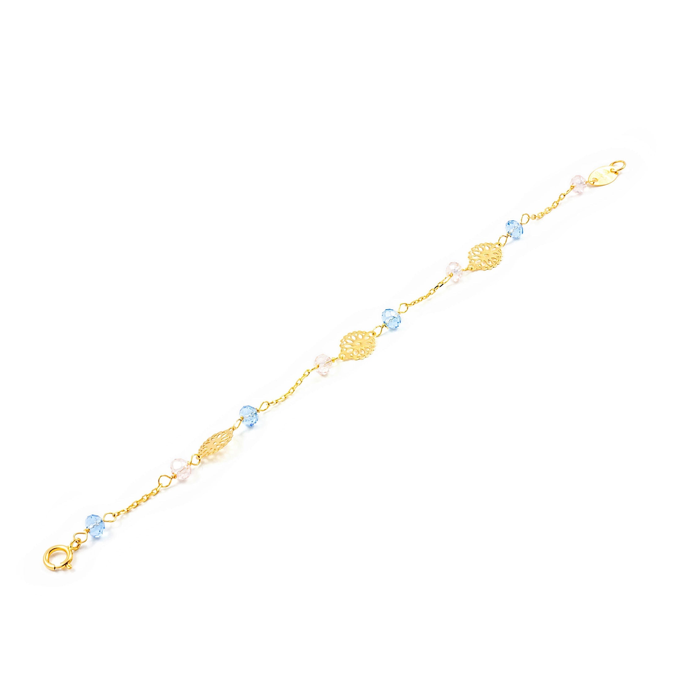 Girl's Bracelet 18K Yellow Gold Bright Blue Flowers 13 cm