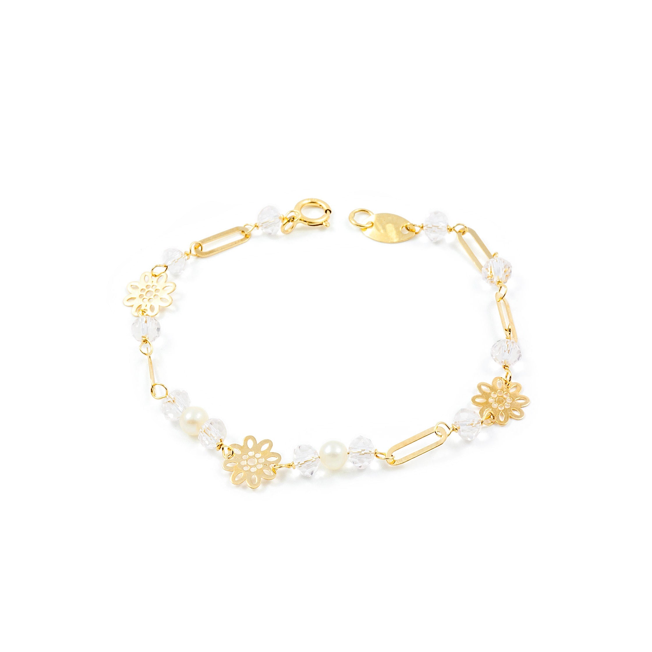 Girl's Bracelet 18K Yellow Gold Round Pearl 3.5 mm Bright Pink Flowers 13 cm