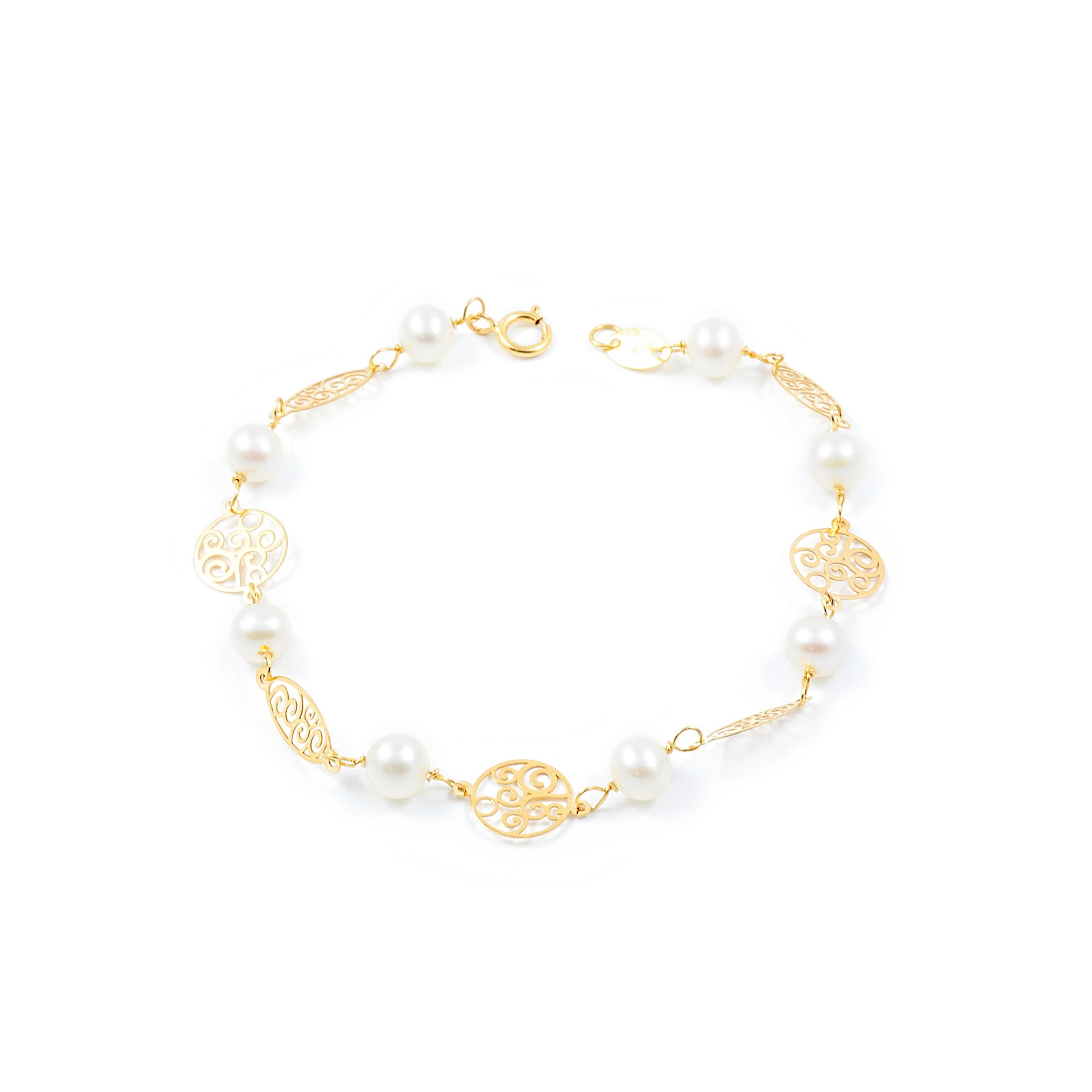 Girl's Bracelet 18K Yellow Gold Round Pearl 5.5 mm Shine 17 cm