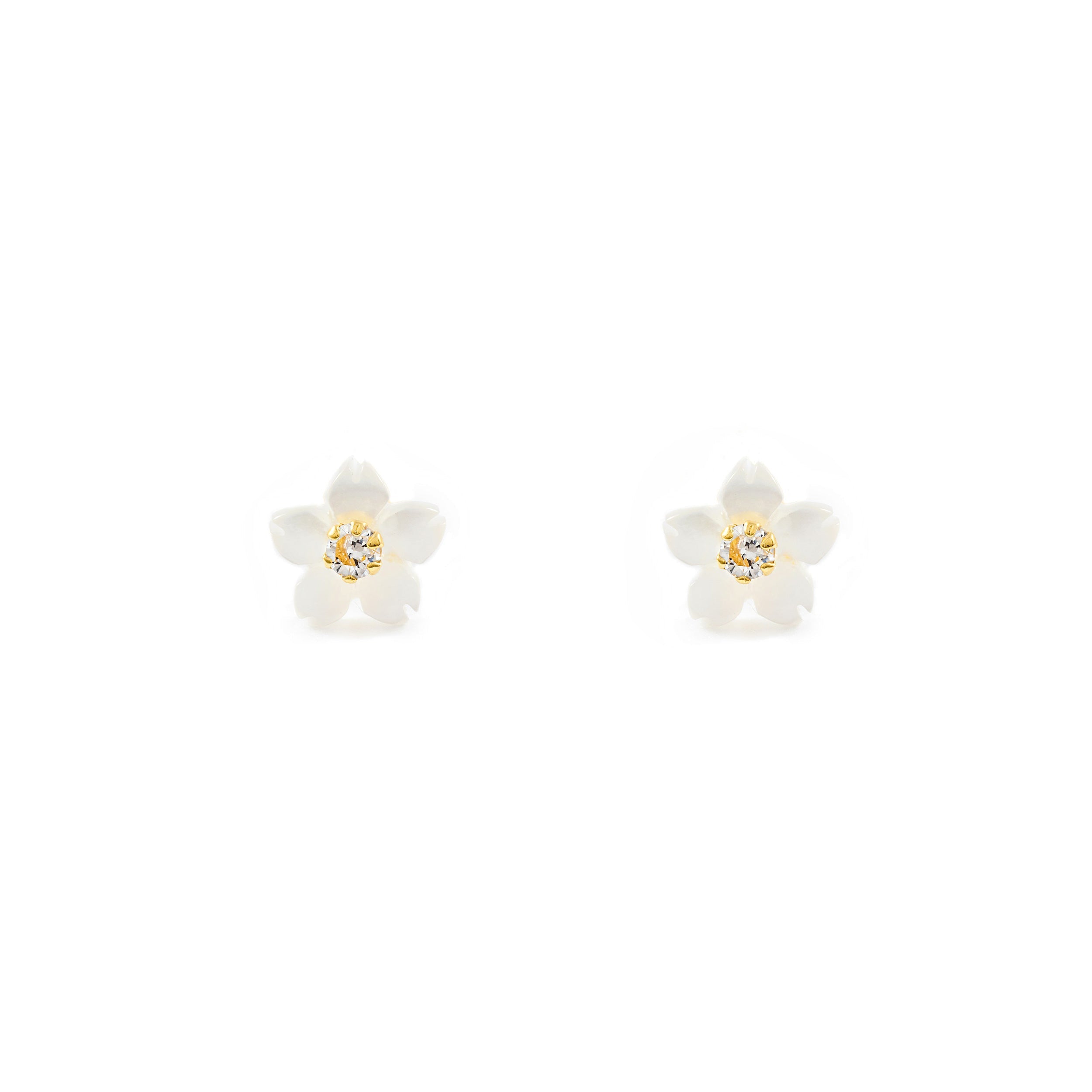 Girl's Earrings 9K Yellow Gold Mother of Pearl Flower Zirconia 2 mm Shine