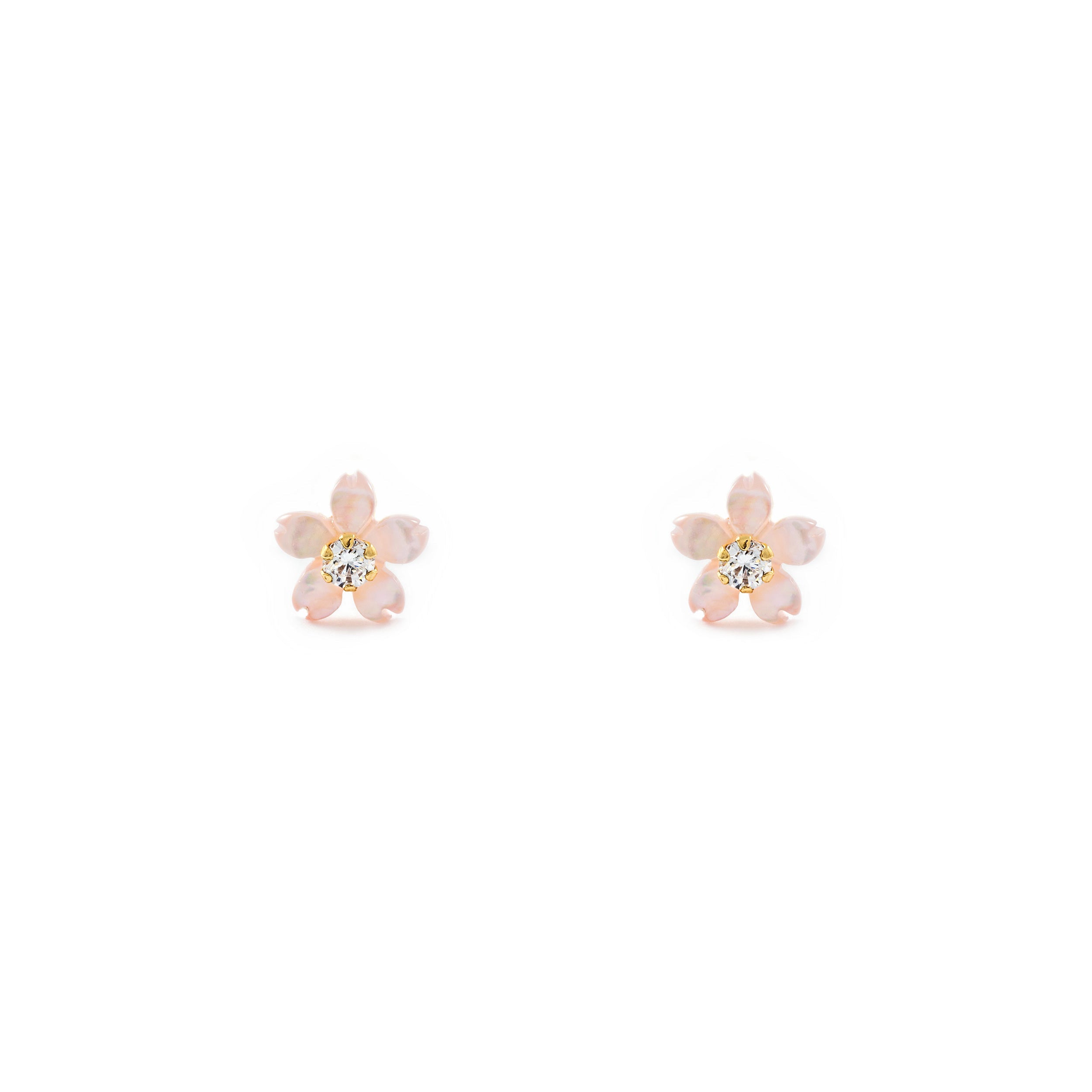 Girl's Earrings 9K Yellow Gold Mother of Pearl Flower Zirconia 2 mm Shine