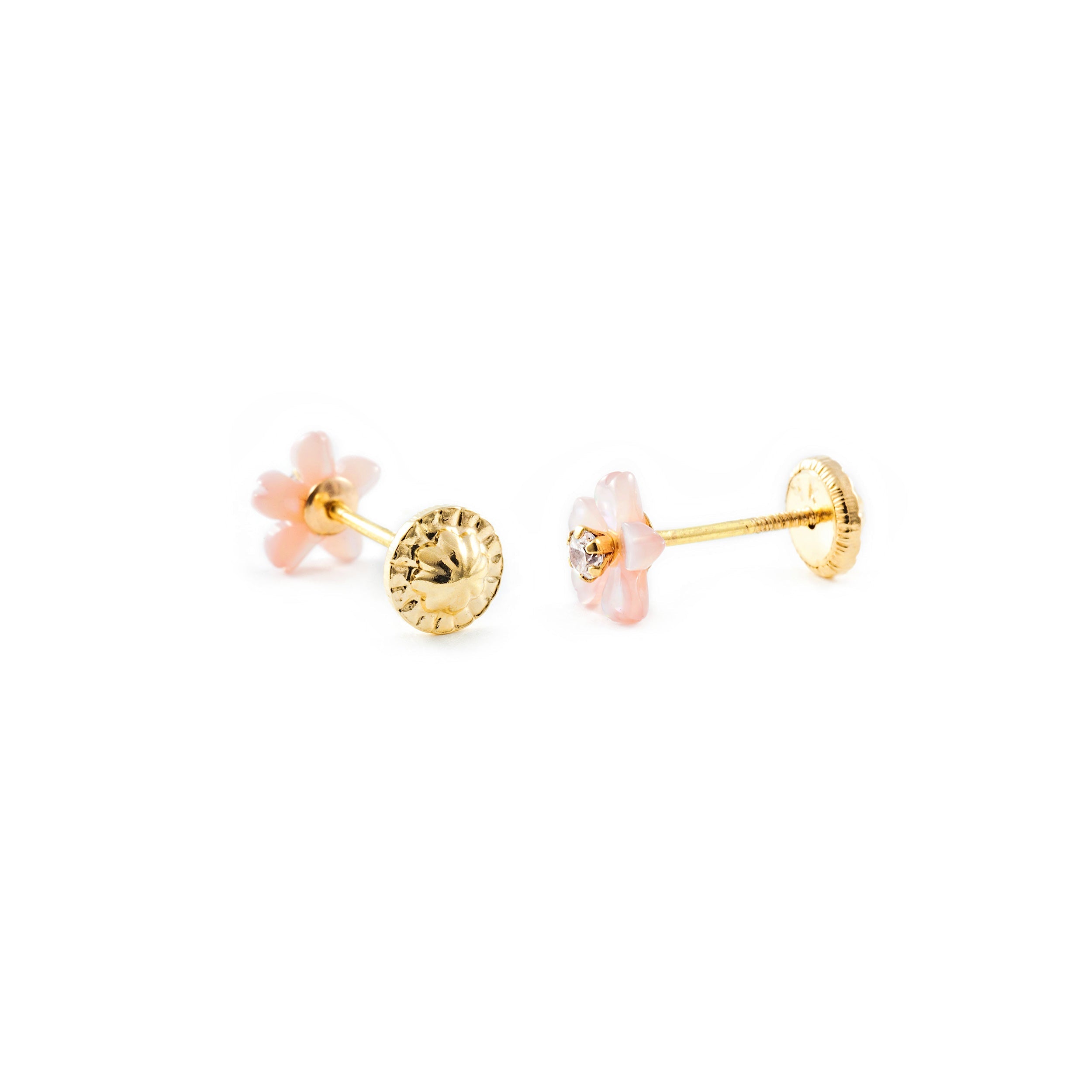 Pendientes bebe o Niña Flor Nacar Rosa 5 Petalos Circon (9kts)