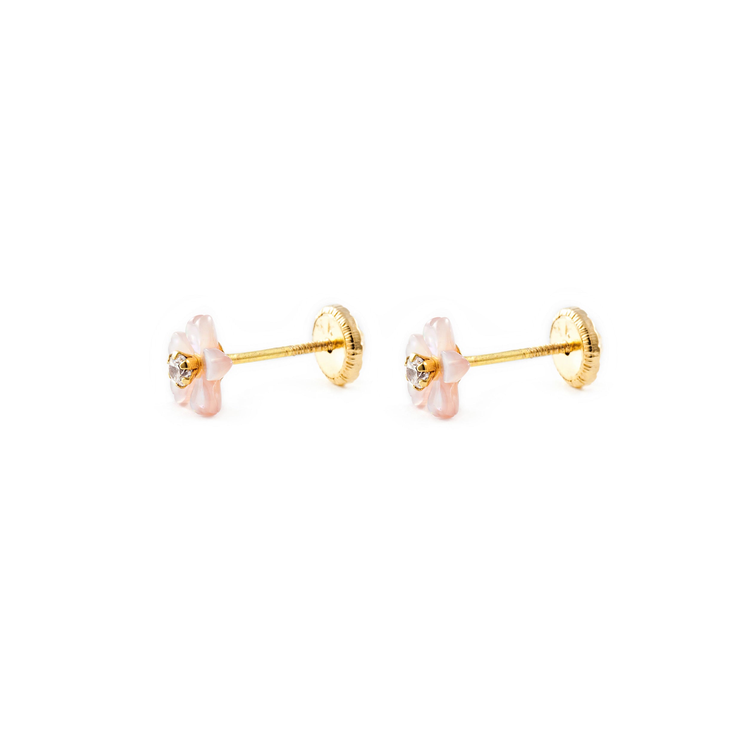 Pendientes bebe o Niña Flor Nacar Rosa 5 Petalos Circon (9kts)