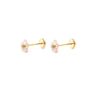 Pendientes bebe o Niña Flor Nacar Rosa 5 Petalos Circon (9kts)