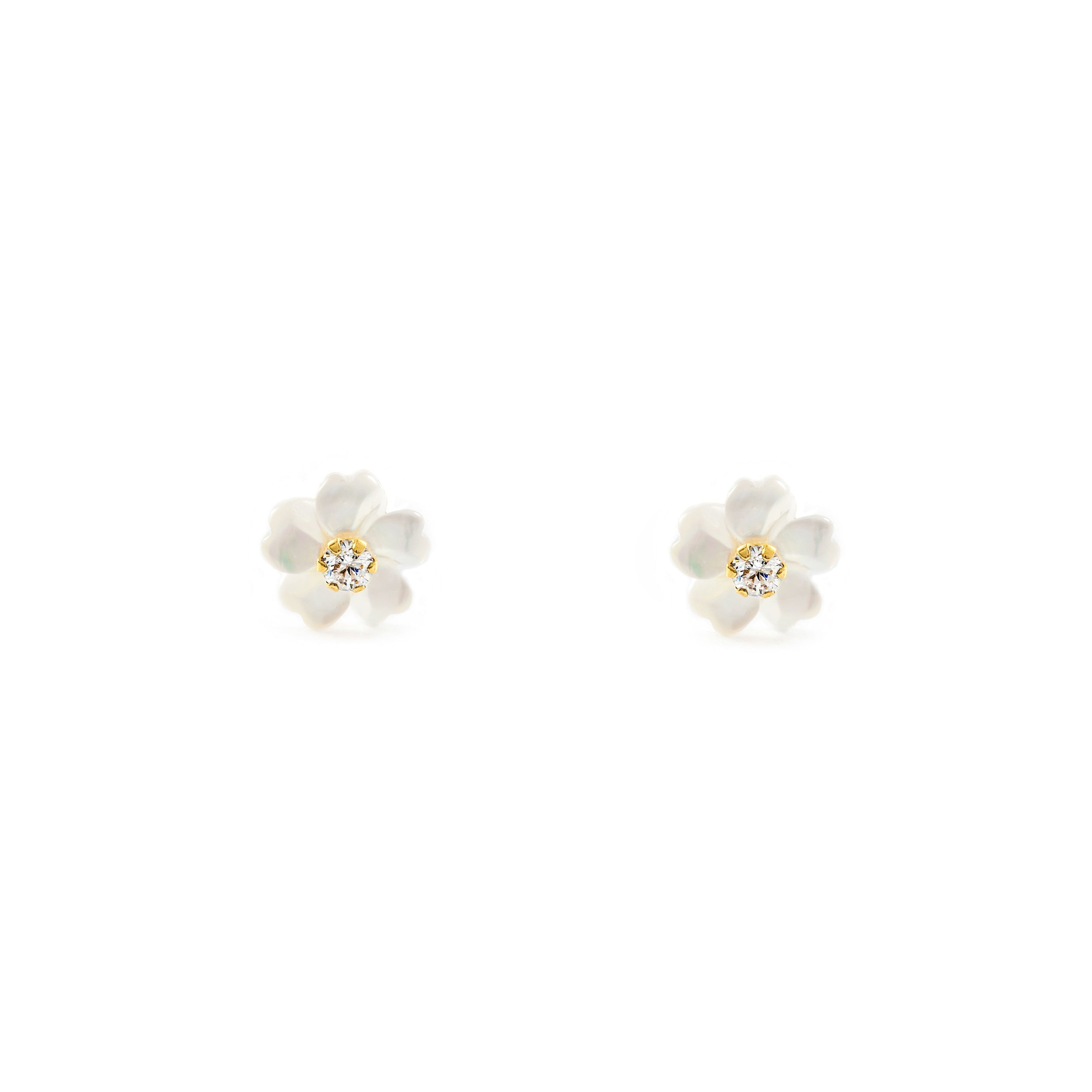 Pendientes Niña Oro Amarillo 18K Nacar Flor Circonita 2 mm Brillo