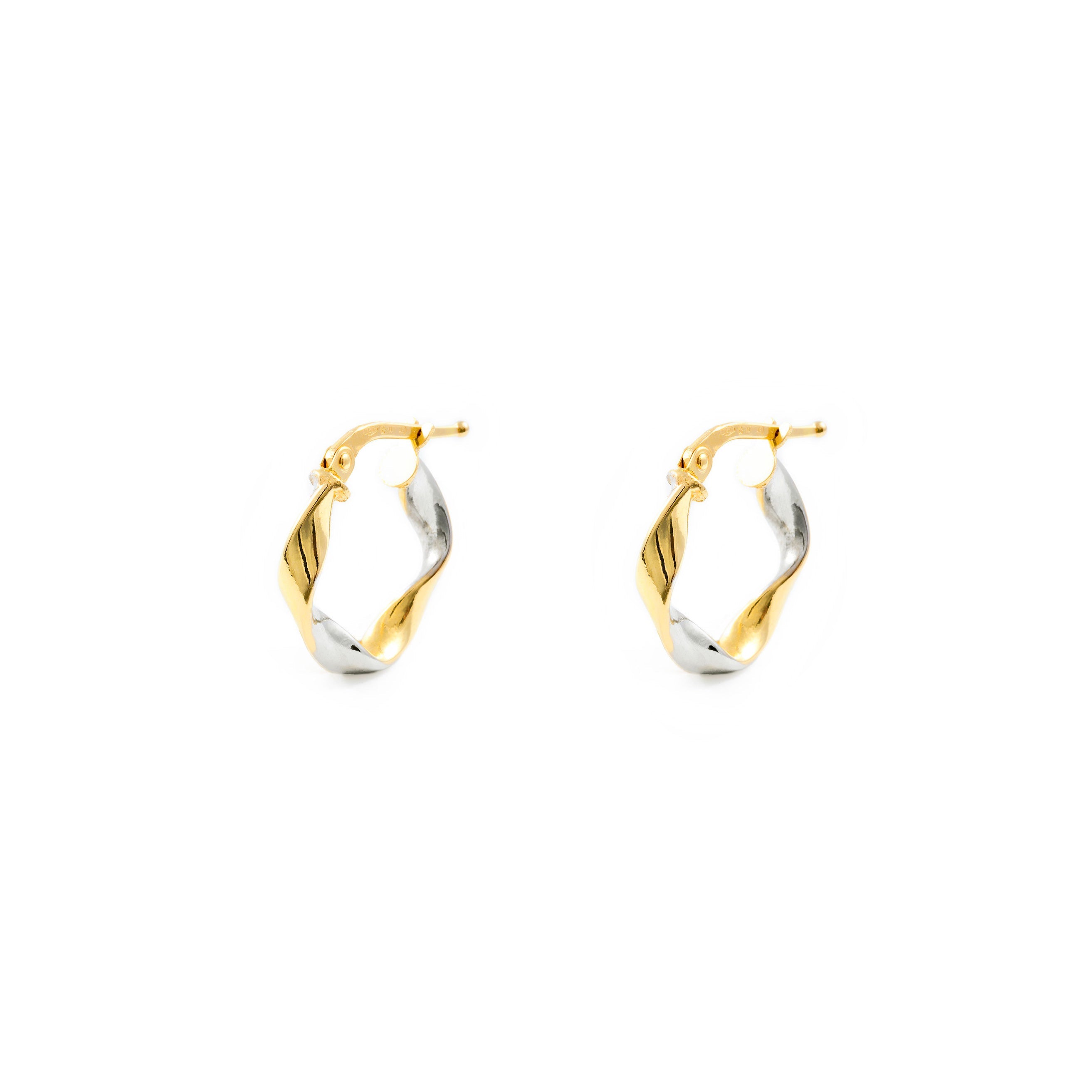 Pendientes Oro Bicolor 18K Aros Plano Reliados Brillo 16 x 3 mm