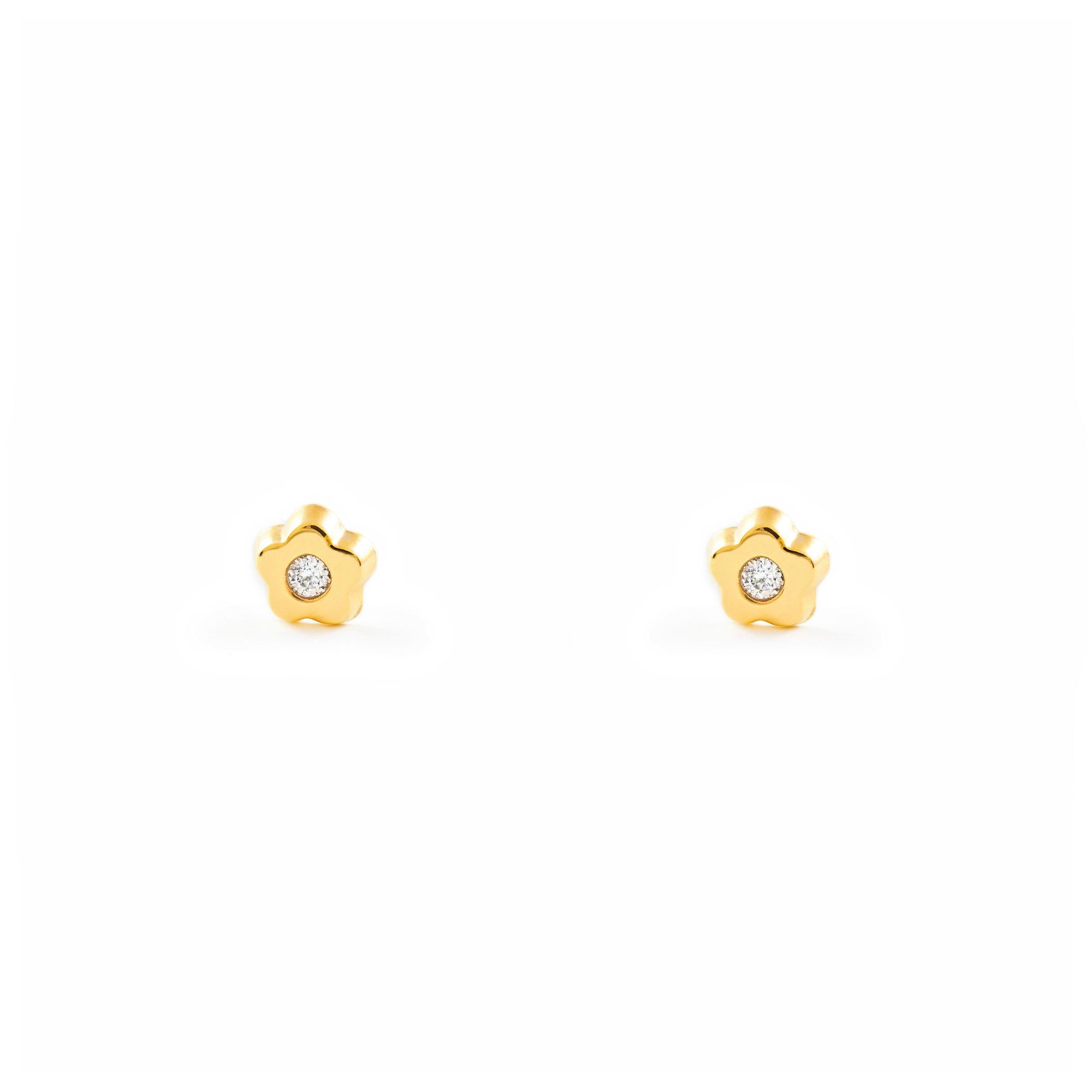 18K Yellow Gold Baby Earrings Shiny Zirconia Daisy Flower