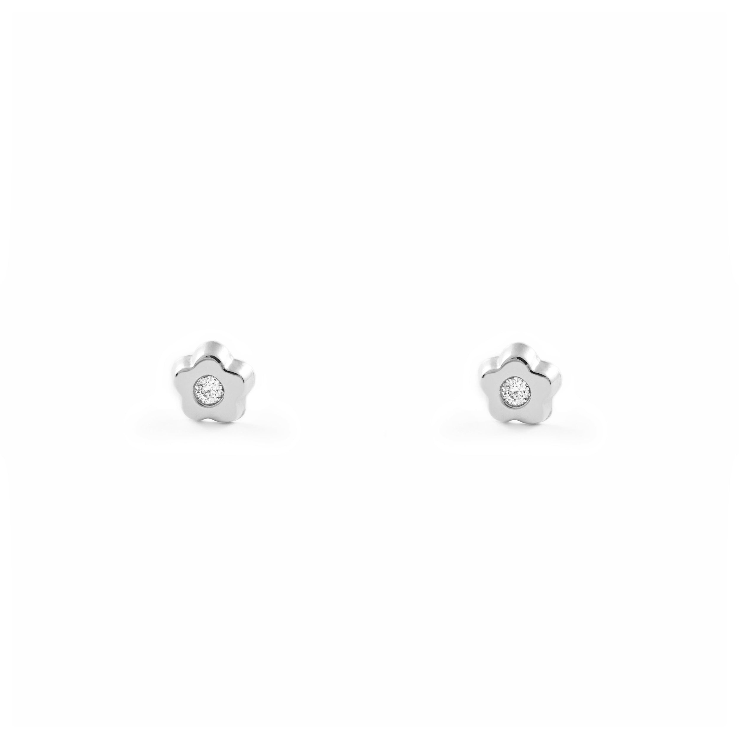 Baby Earrings 18K White Gold Daisy Flower Shiny Zirconia