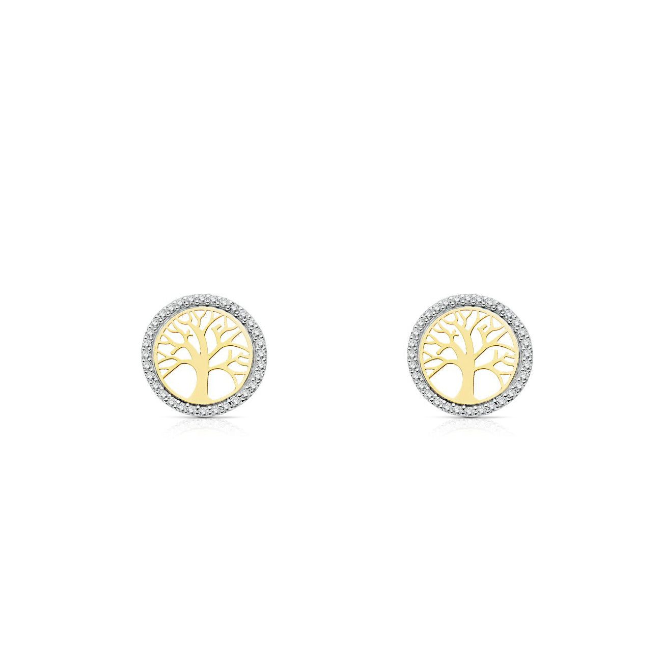 Women's-Girl's Earrings 9K Bicolor Gold Tree of Life Shiny Zirconia