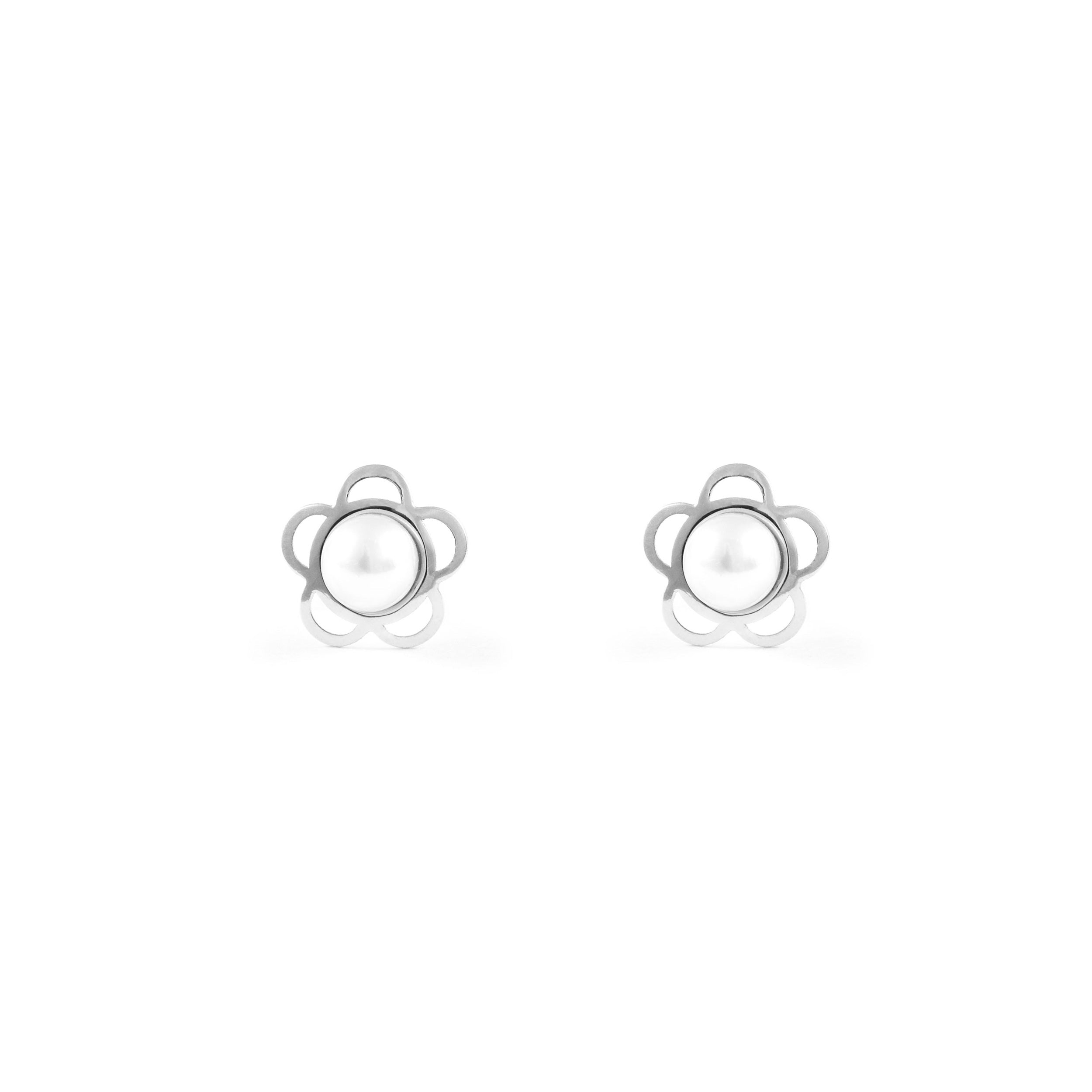 Baby-Girl Earrings 9K White Gold Button Pearl 3.5 mm Bright Daisy Flower