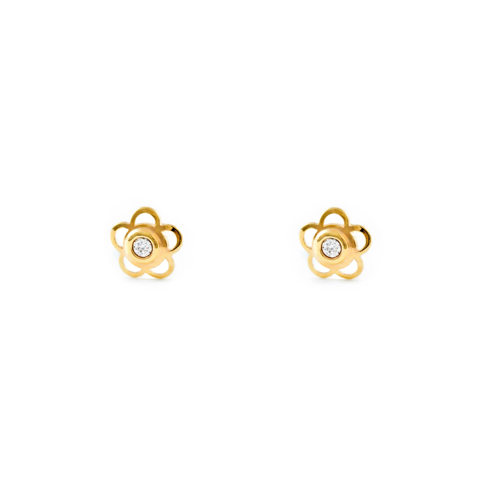 Baby-Girl Earrings 9K Yellow Gold Flower Daisy Shiny Zirconia