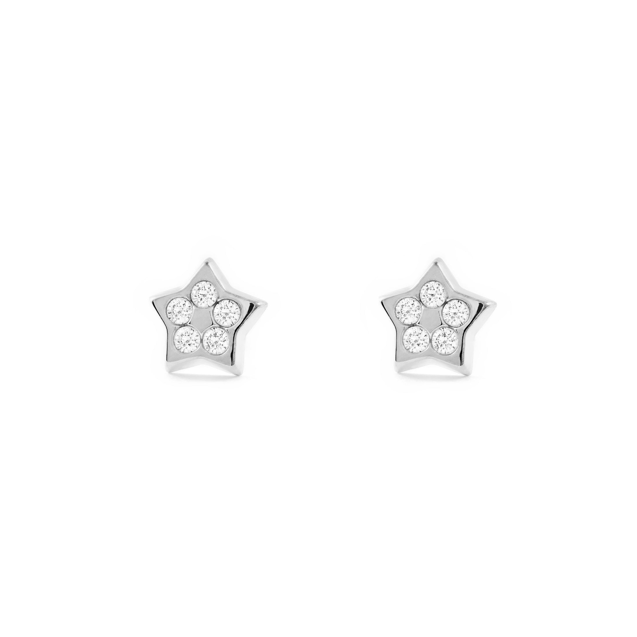 Women's-Girl's Earrings 9K White Gold Shiny Zirconia Star