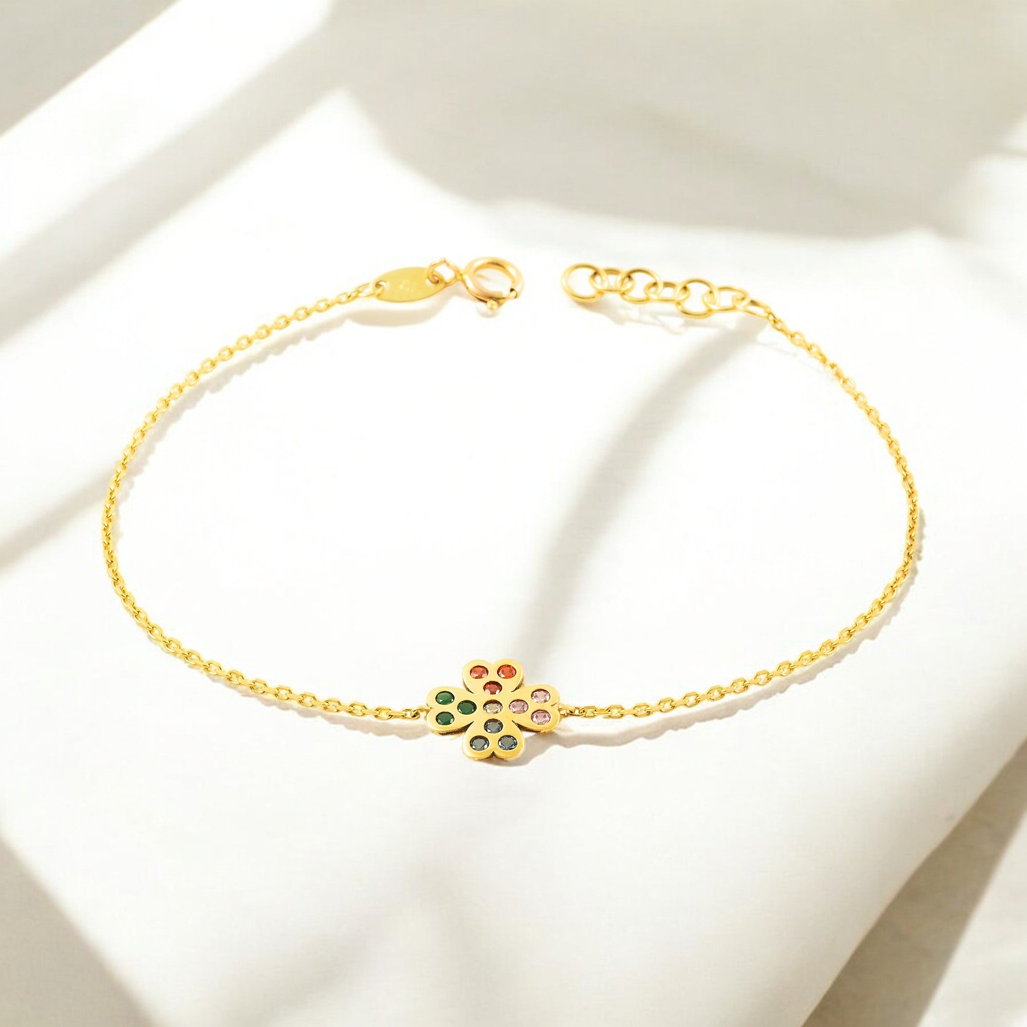 Pulsera Mujer Oro Amarillo 9K Cuatrebol Circonita Color Brillo 17 cm