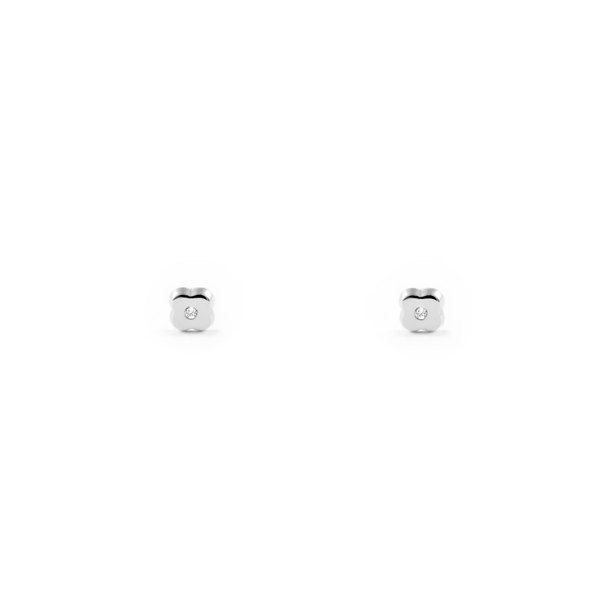 Baby Earrings 9K White Gold Shiny Zirconia Clover