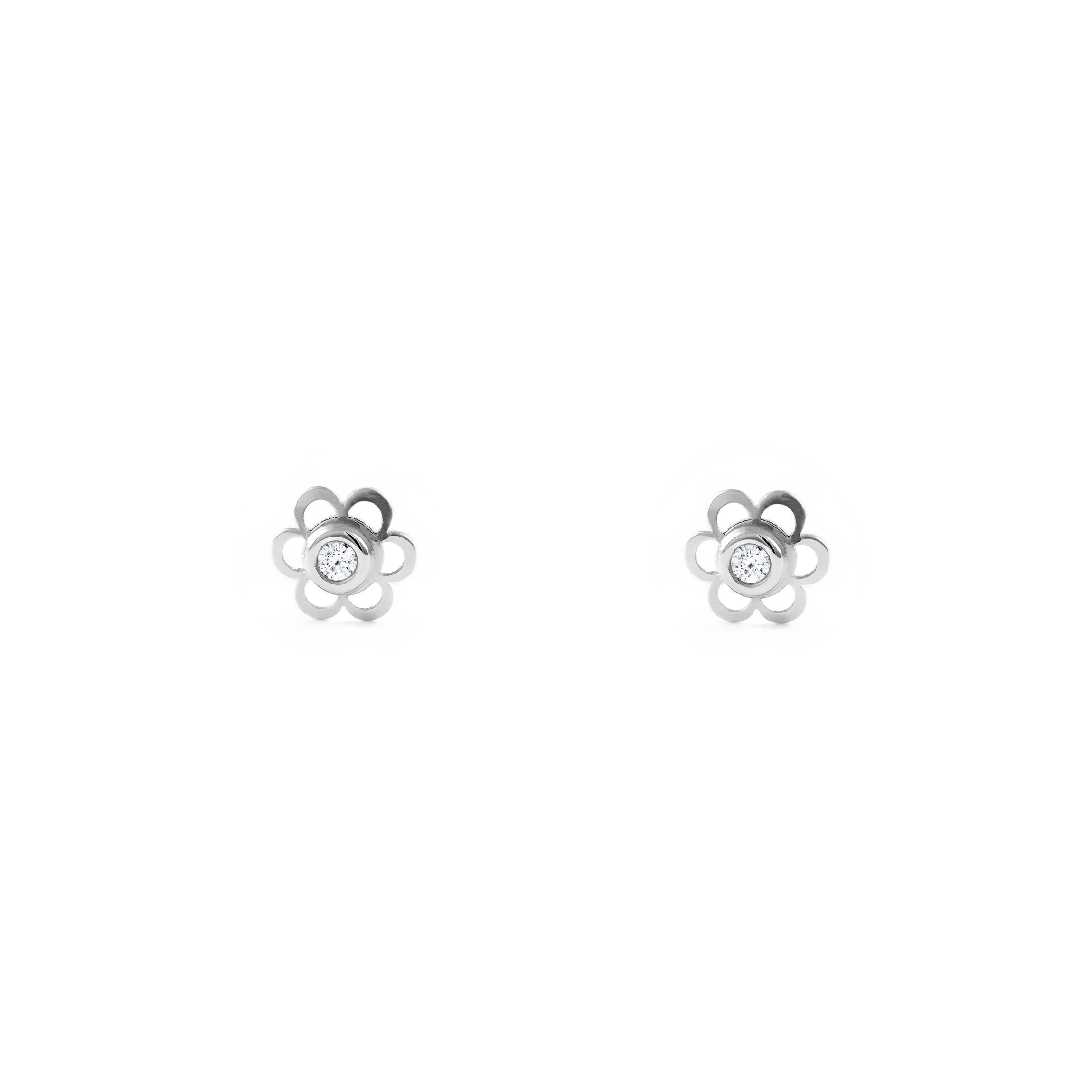 Baby-Girl Earrings 9K White Gold Daisy Flower Shiny Zirconia