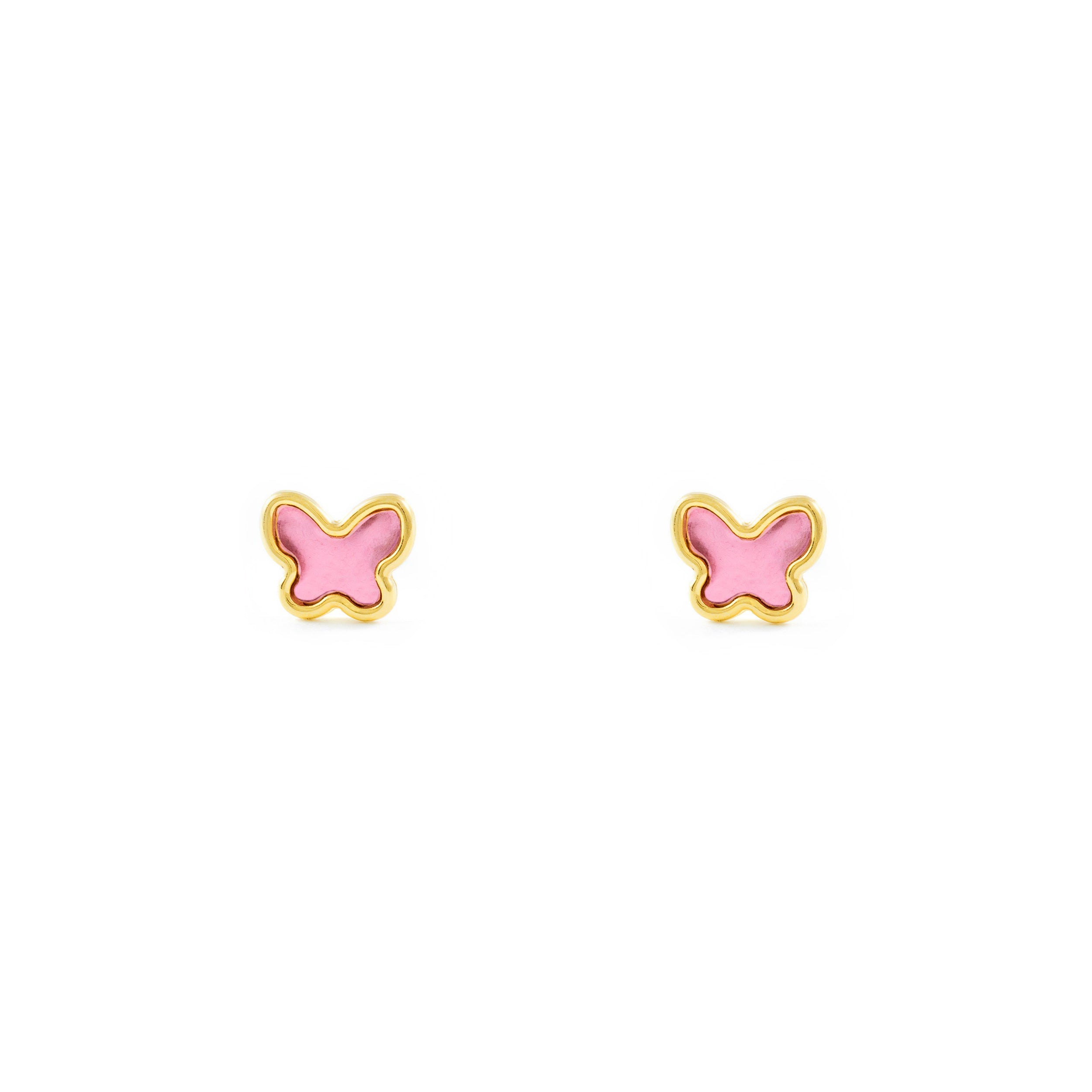 Baby-Girl Earrings 18K Yellow Gold Butterfly Shiny Pink Enamel
