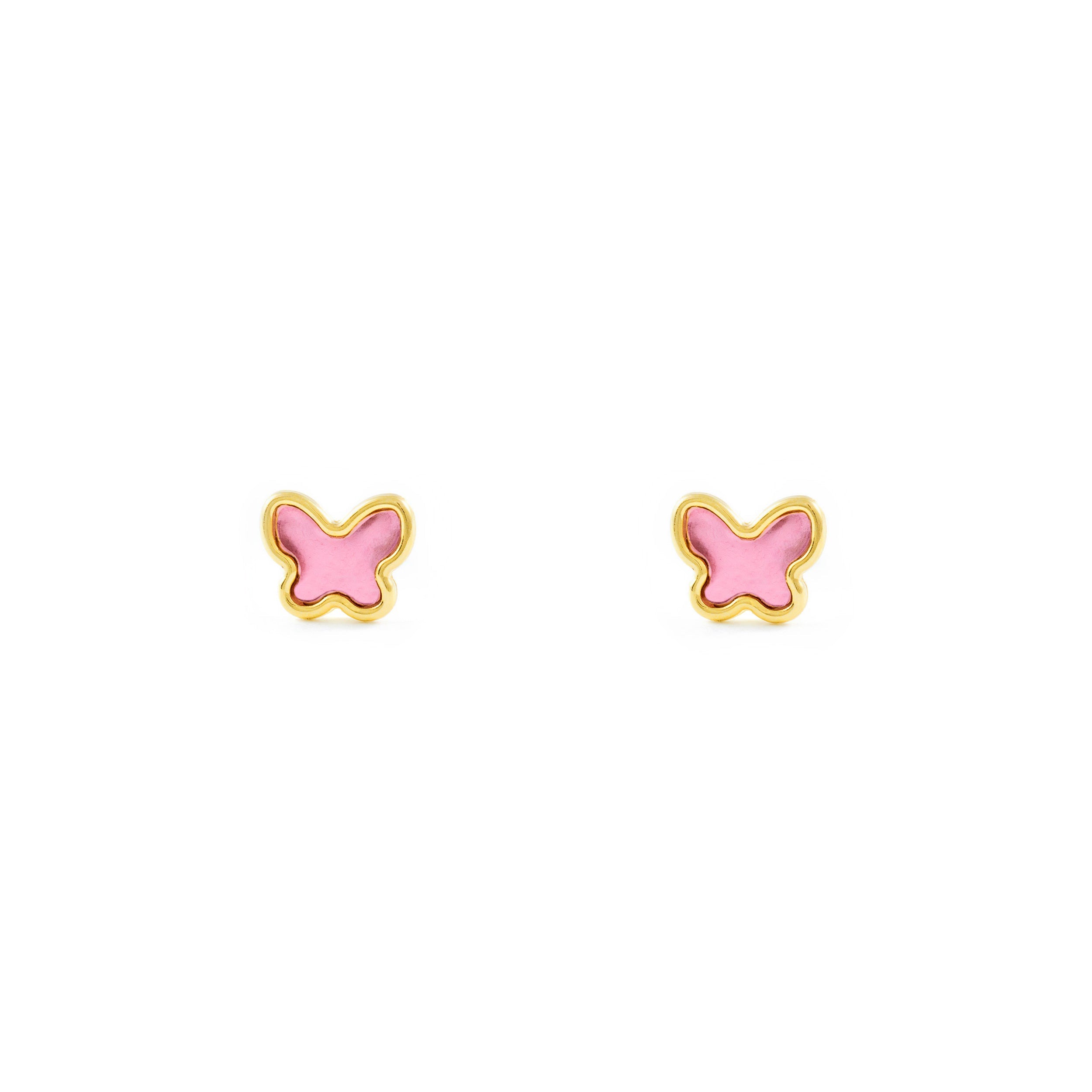 Pendientes Bebe-Niña Oro Amarillo 18K Mariposa Esmalte Rosa Brillo