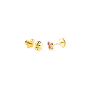 Pendientes Oro Bebe o Niña Mariposa esmalte rosa