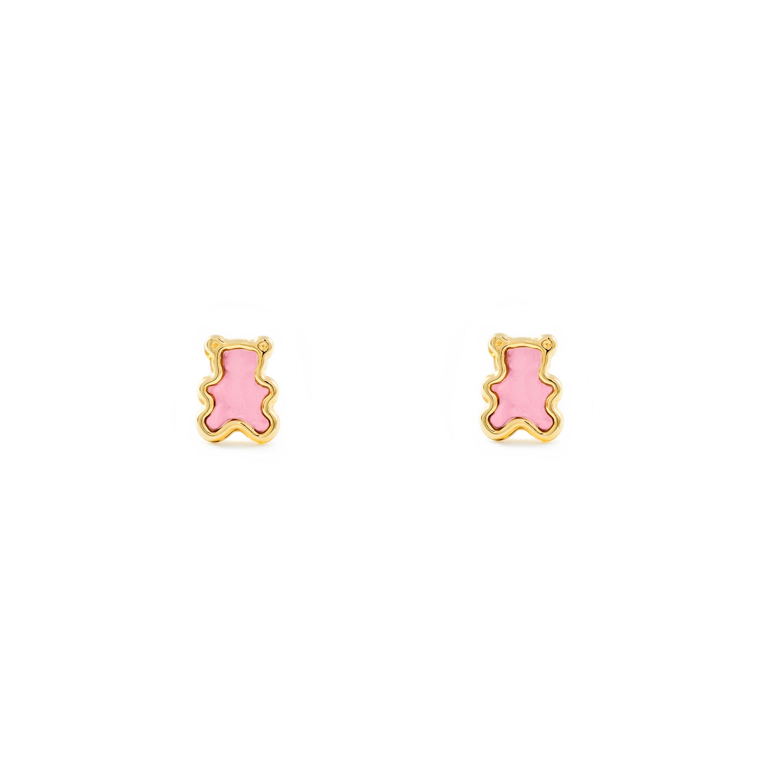 Girl's Earrings 9K Yellow Gold Bear Shiny Pink Enamel