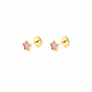 Pendientes Oro Bebe o Niña Estrella esmalte rosa (9kts)