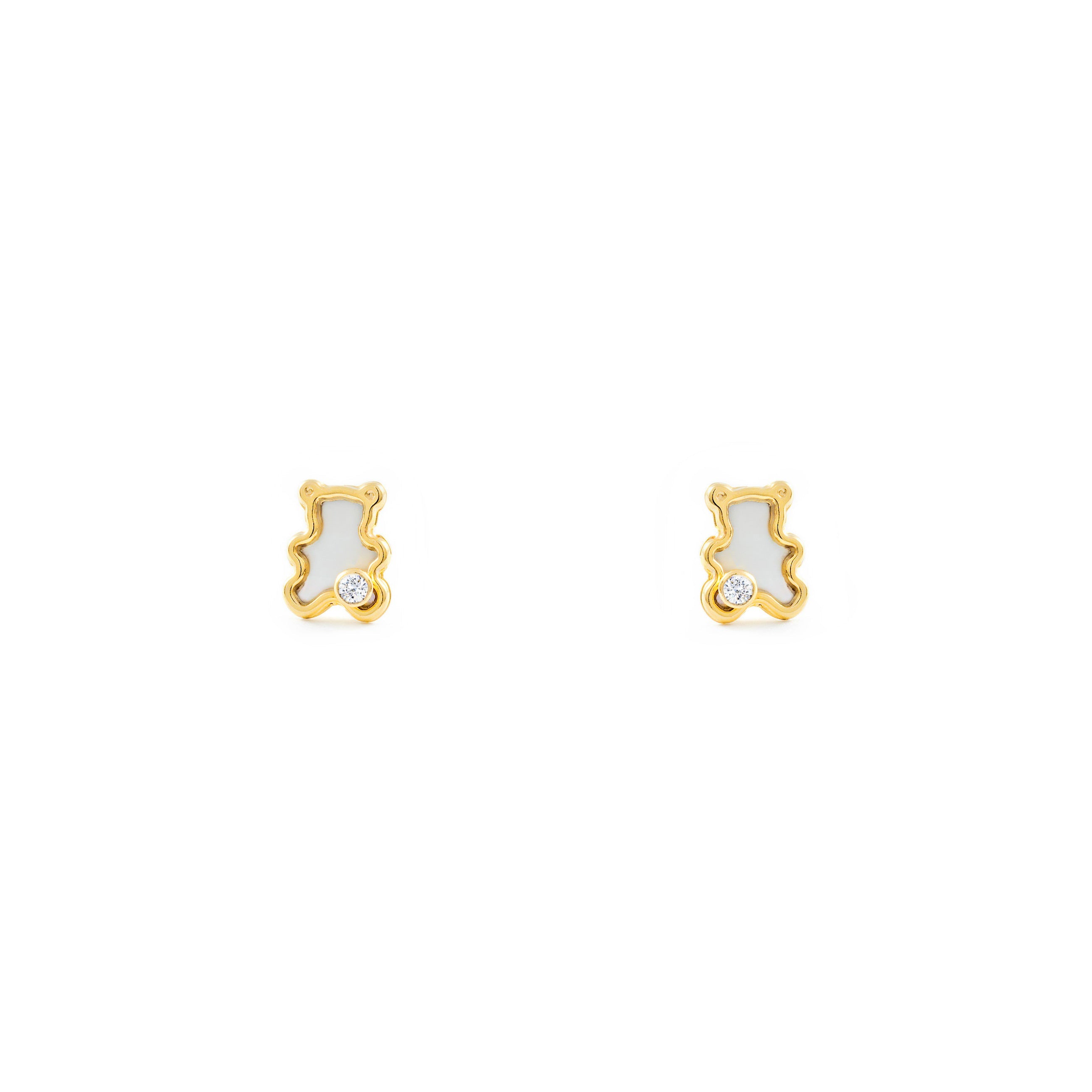 Baby-Girl Earrings 9K Yellow Gold Mother of Pearl Glitter Zirconia Bear