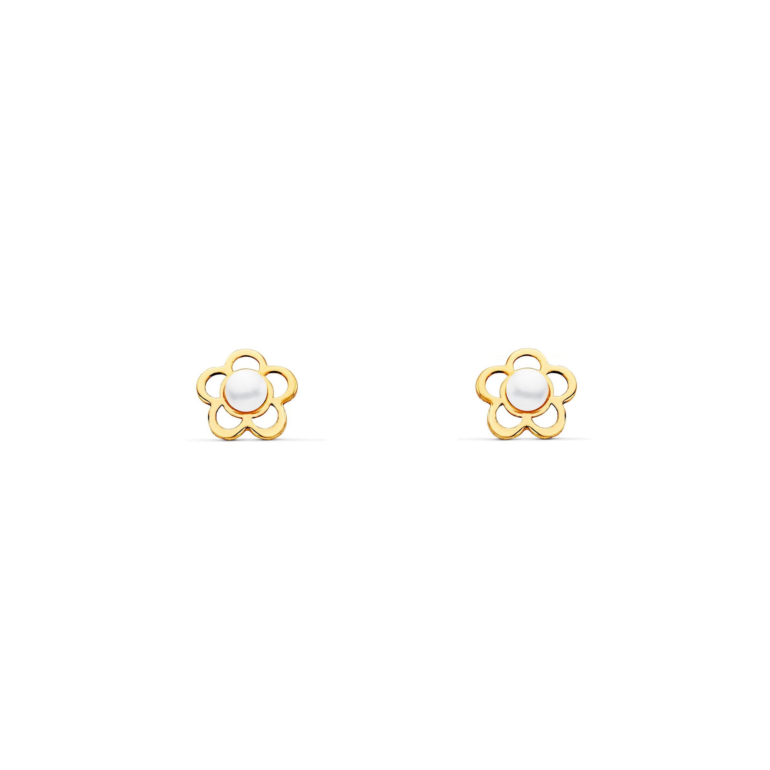 Pendientes Bebe Oro Amarillo 18K Perla Redonda 2 mm Flor Brillo