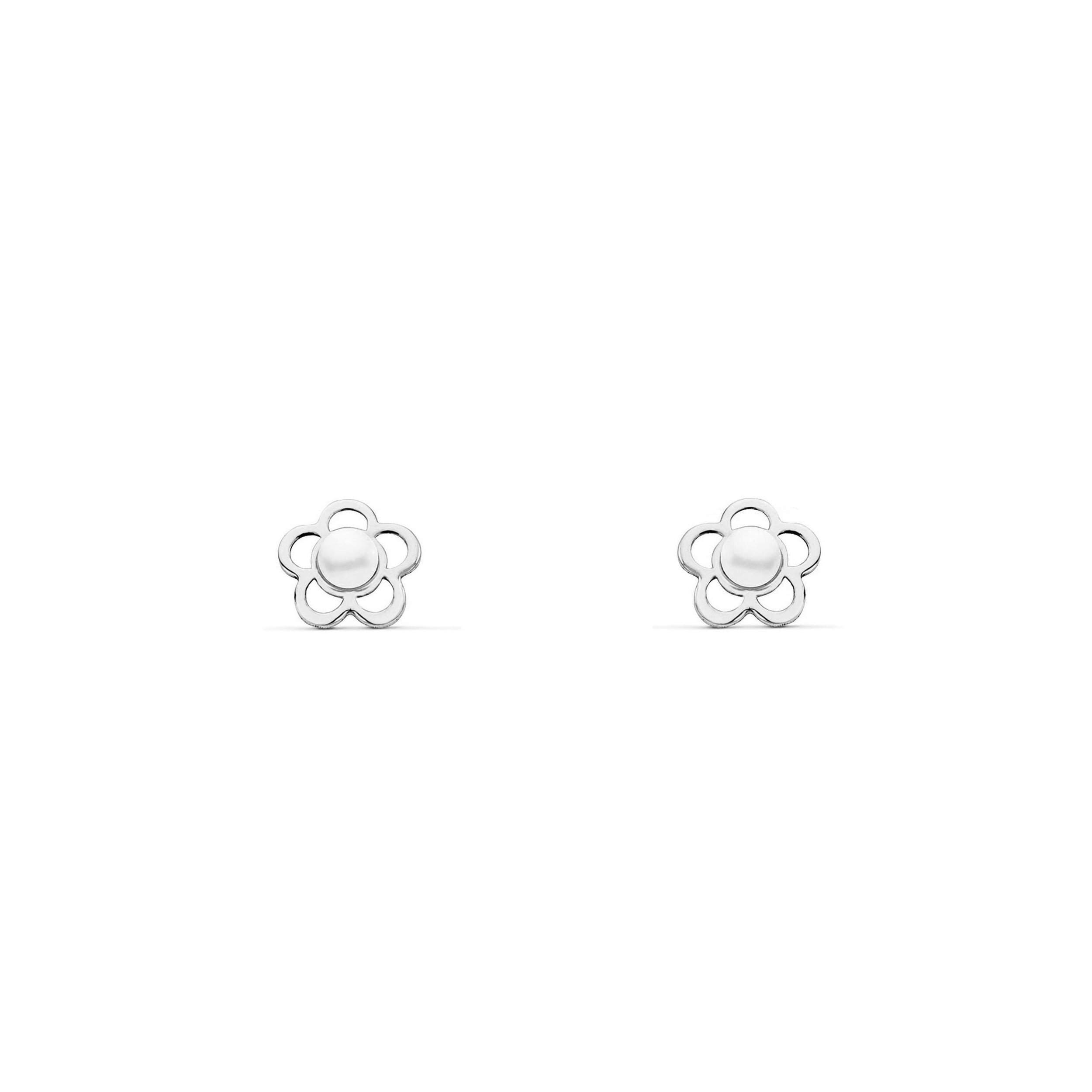 Baby Earrings 9K White Gold Round Pearl 2 mm Shiny Flower