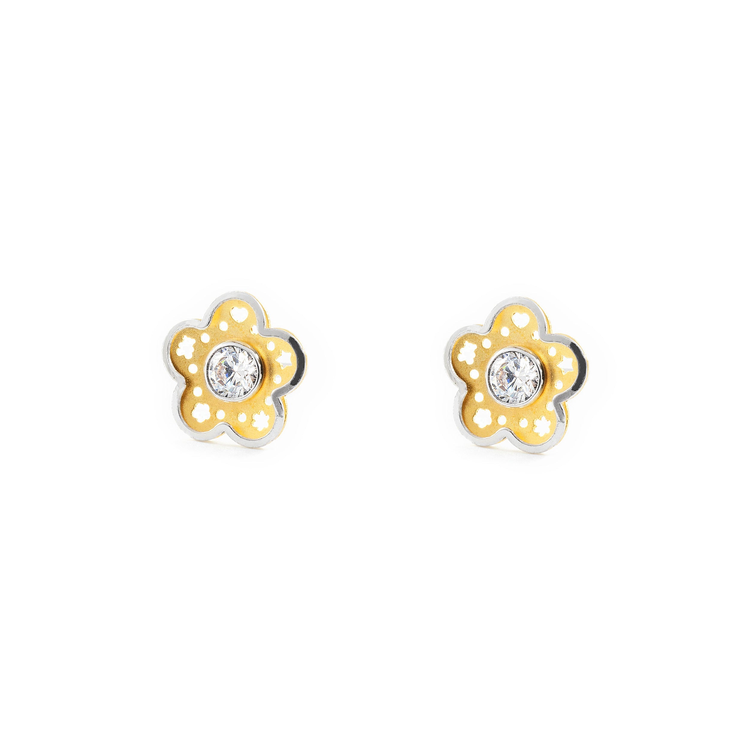 Women's-Girl's Earrings 18K Bicolor Gold Matte and Shiny Zirconia Flower