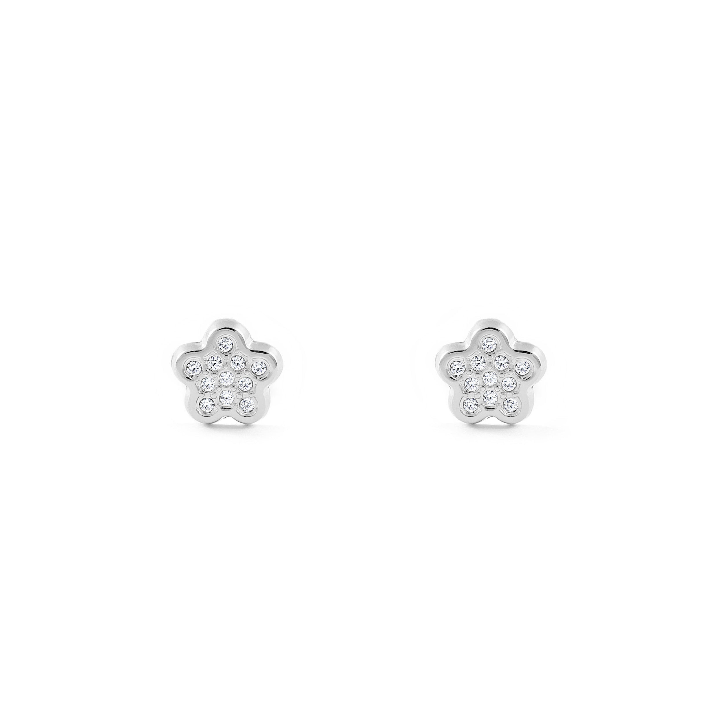 Girl's Earrings 18K White Gold Flower Shiny Zircons