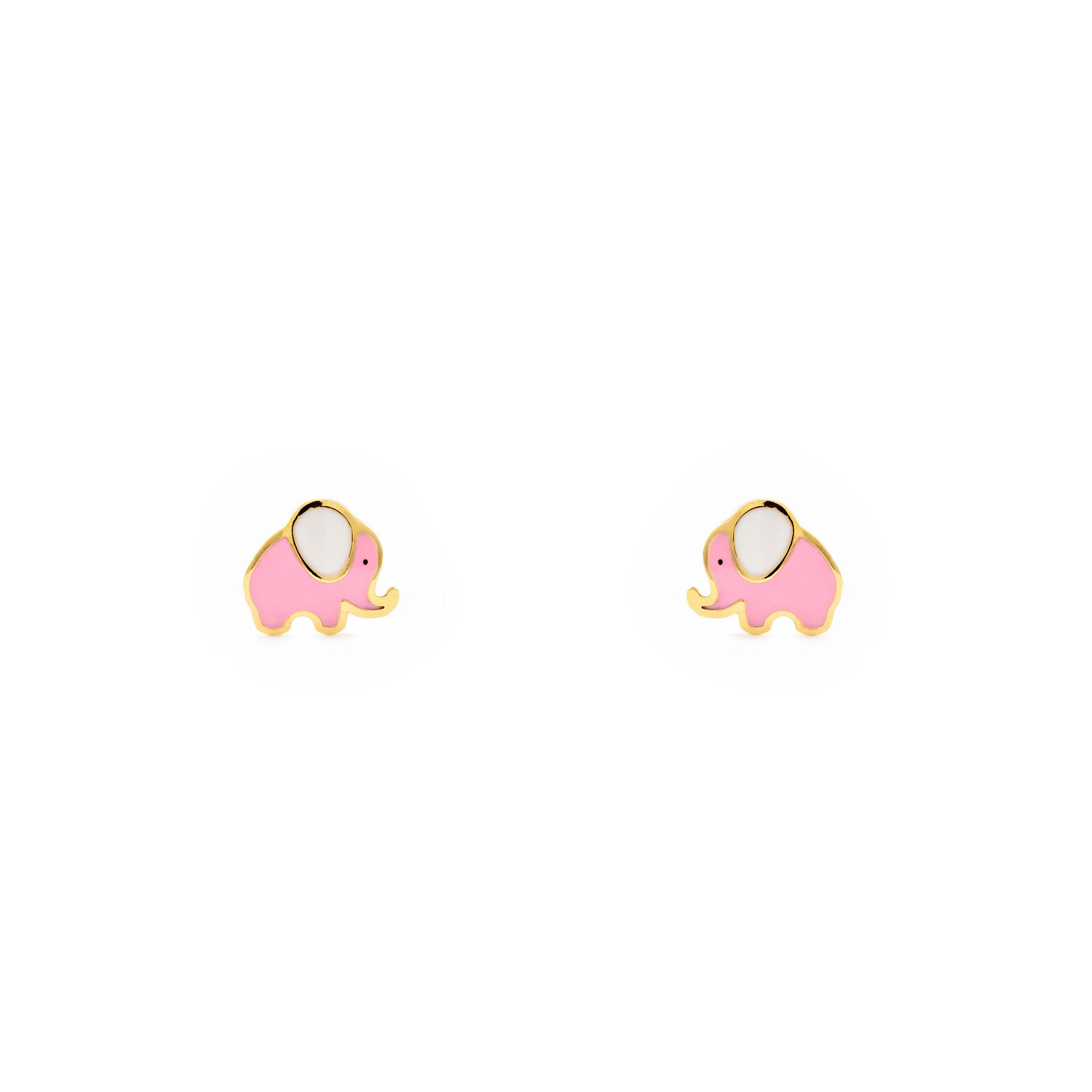 Baby-Girl Earrings 18K Yellow Gold Elephant Pink-White Glossy Enamel