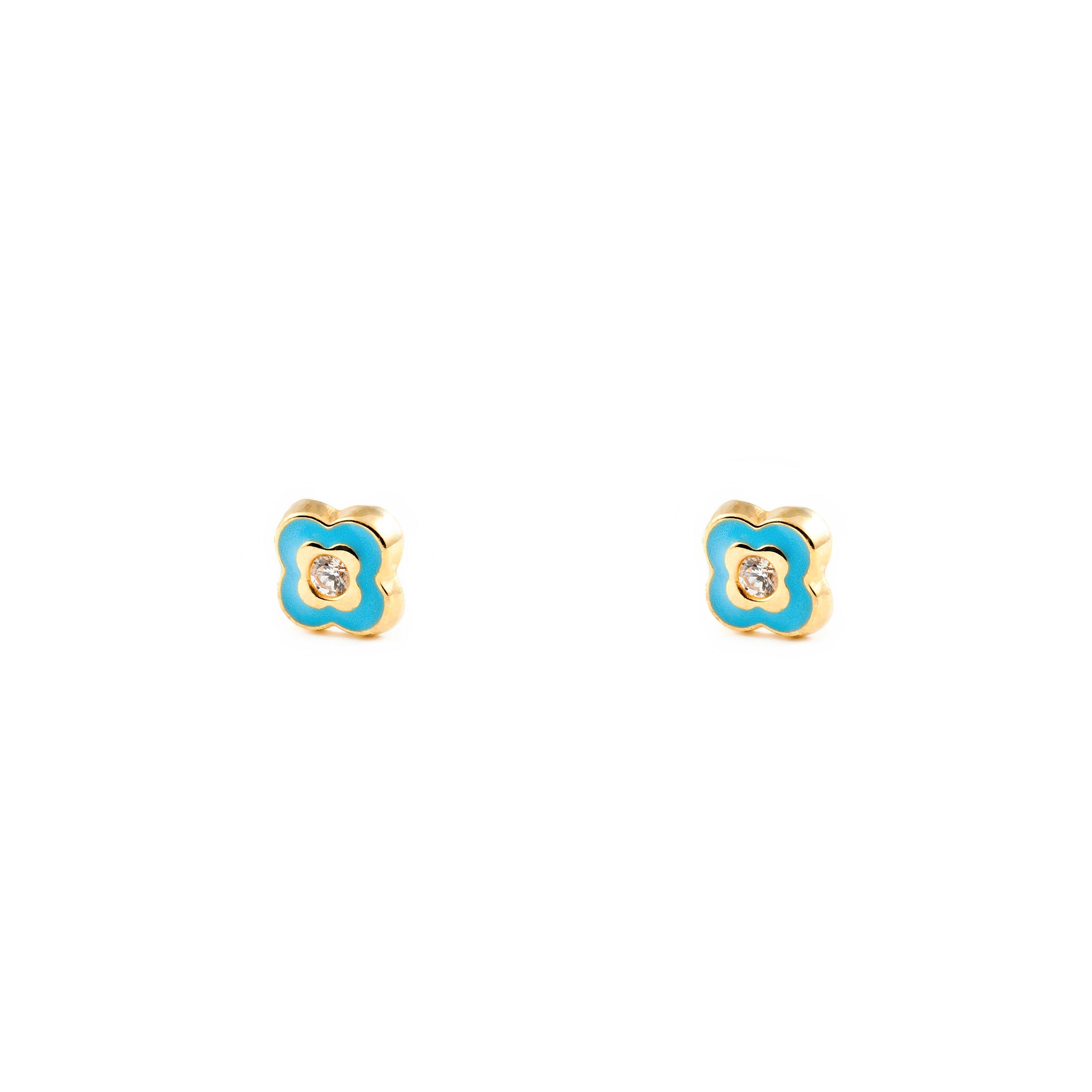 Girl's Earrings 9K Yellow Gold Clover Blue Enamel Shiny Zirconia